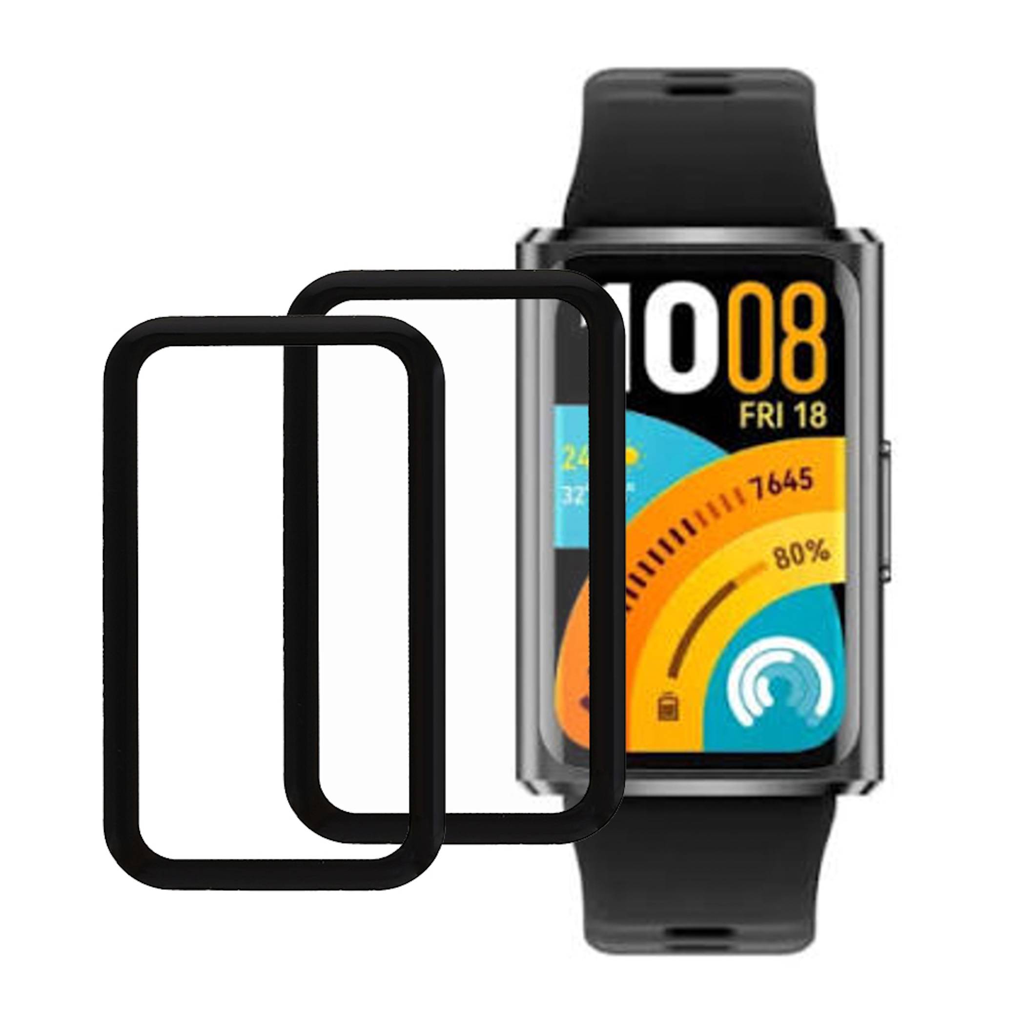 Smartwatch mit schwarzem Schutzrahmen oder Gehäuse, das vor der Uhr gezeigt wird und ein farbiges digitales Zifferblatt mit Uhrzeit und Datum anzeigt.