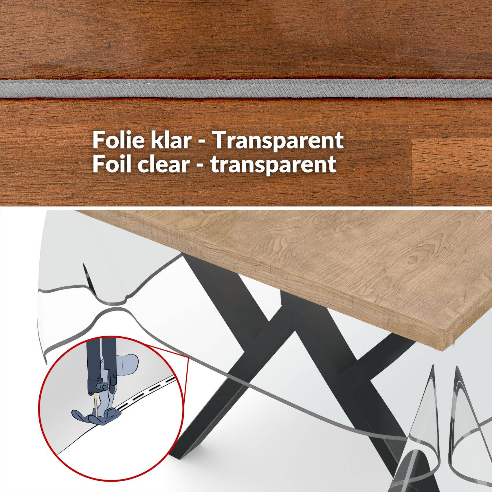 Illustration einer klaren durchsichtigen Folie, die unter einer Holztischplatte angebracht ist und einen Nähfuß und eine Nadel einer Nähmaschine in einem roten Einschub-Kreis zeigt.