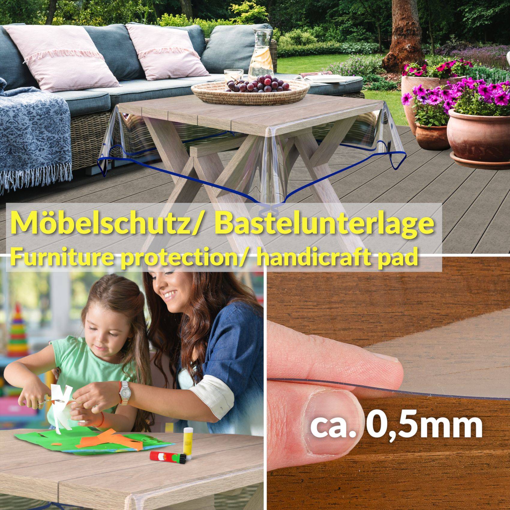 Promotional-Collage mit einem durchsichtigen Schutzfilm für Möbel und Handwerk, mit der Bezeichnung „Möbelschutz/Bastelunterlage" und „ca. 0,5 mm"", verwendet auf einem Gartentisch und für Kinderkunst.