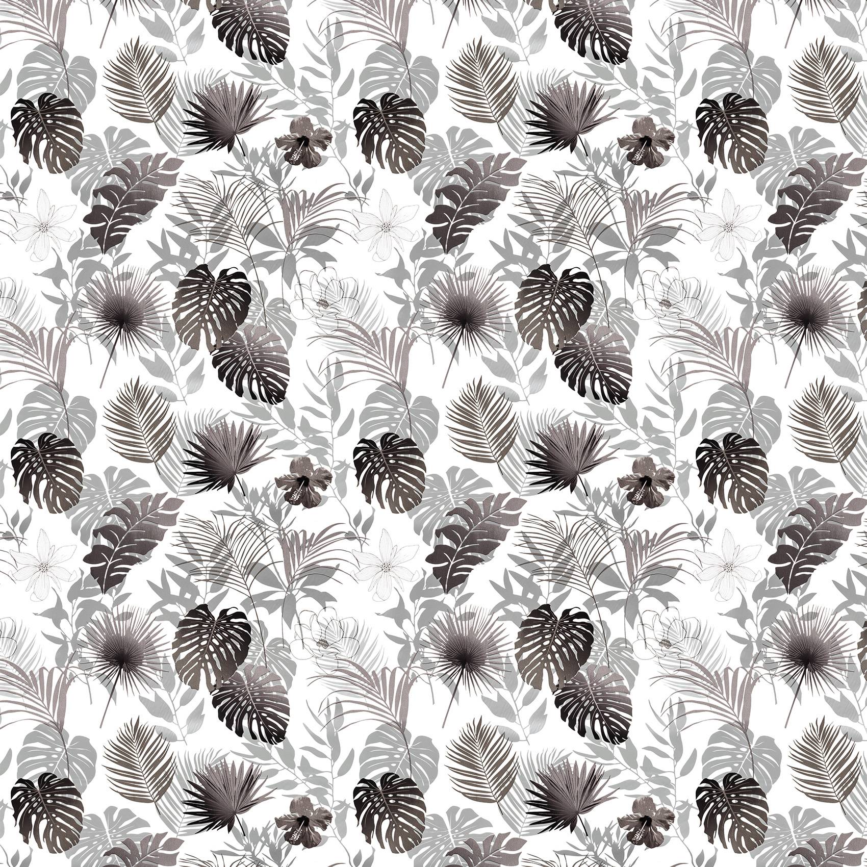 Nahtloses monochromes Tropenblattmuster mit Silhouetten von Palme, Farn und Monstera auf weißem Hintergrund.