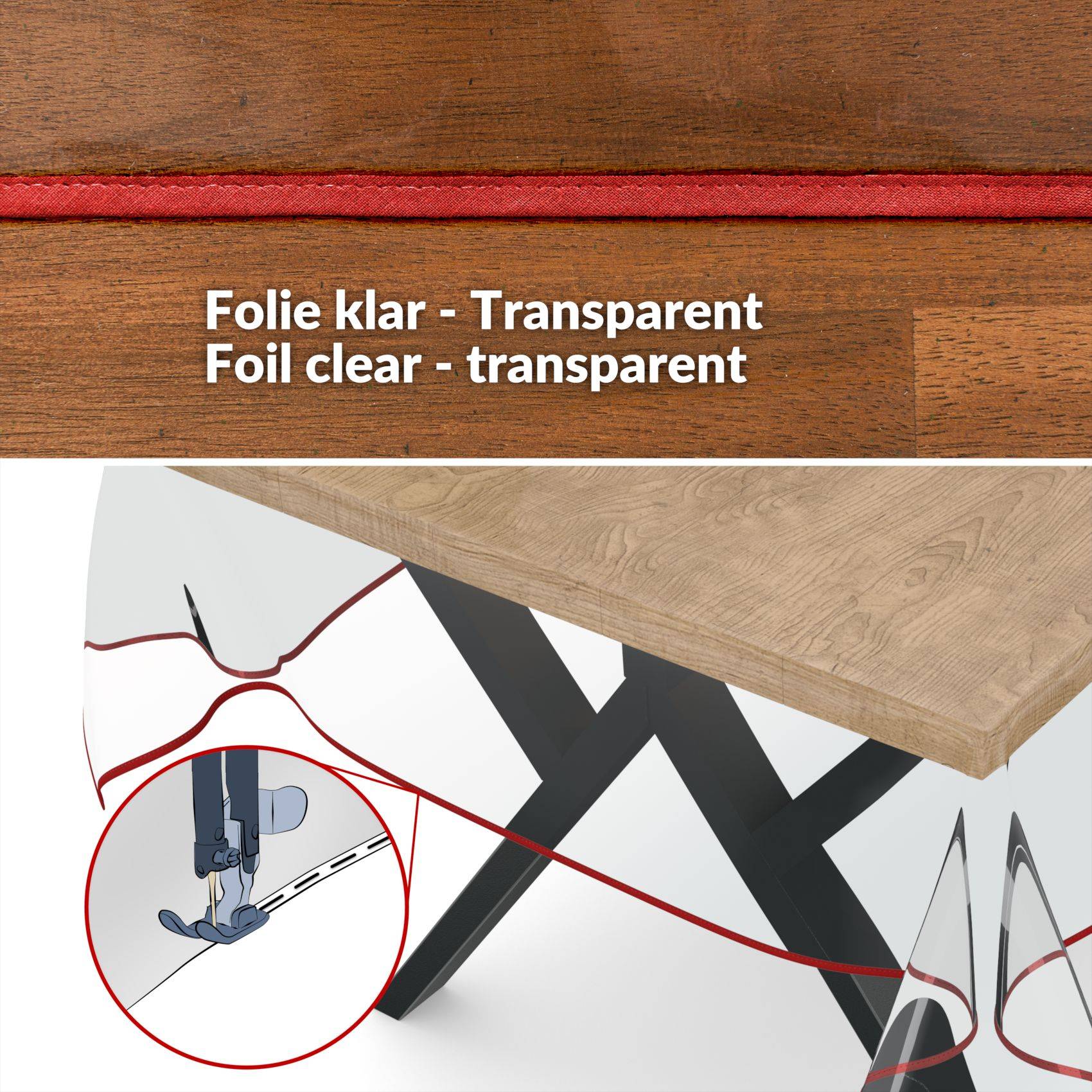 Selbstklebenfolie transparent klar zum Schutz einer Holzoberfläche, beschriftet mit „Folie klar - Transparent" und „Foil clear - transparent"".