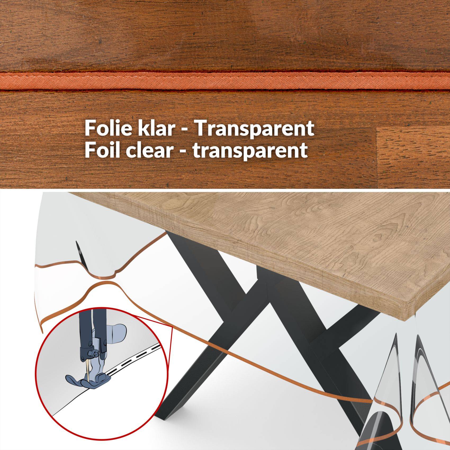 Transparente Schutzfolie mit Beschriftung „Folie klar - Transparent / Foil clear - transparent" wird unter einer Holztischplatte angebracht, mit einer Nähmaschinen-Einblendung, die die Kantennaht zeigt.