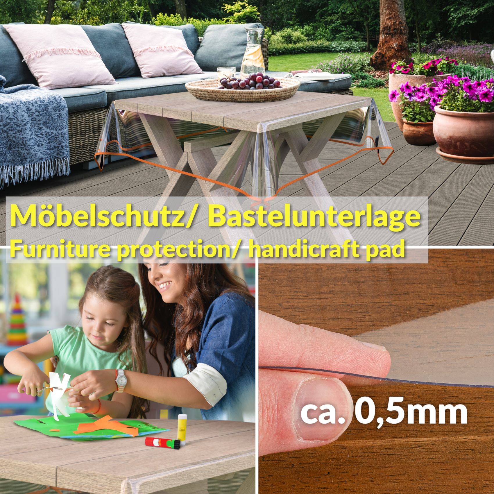 Möbelschutz und Bastelunterlage unter einem Terrassentisch gezeigt, mit einem Kind, das die Unterlage zum Basteln verwendet, und eine Nahaufnahme mit der Beschriftung "ca. 0,5 mm"".
