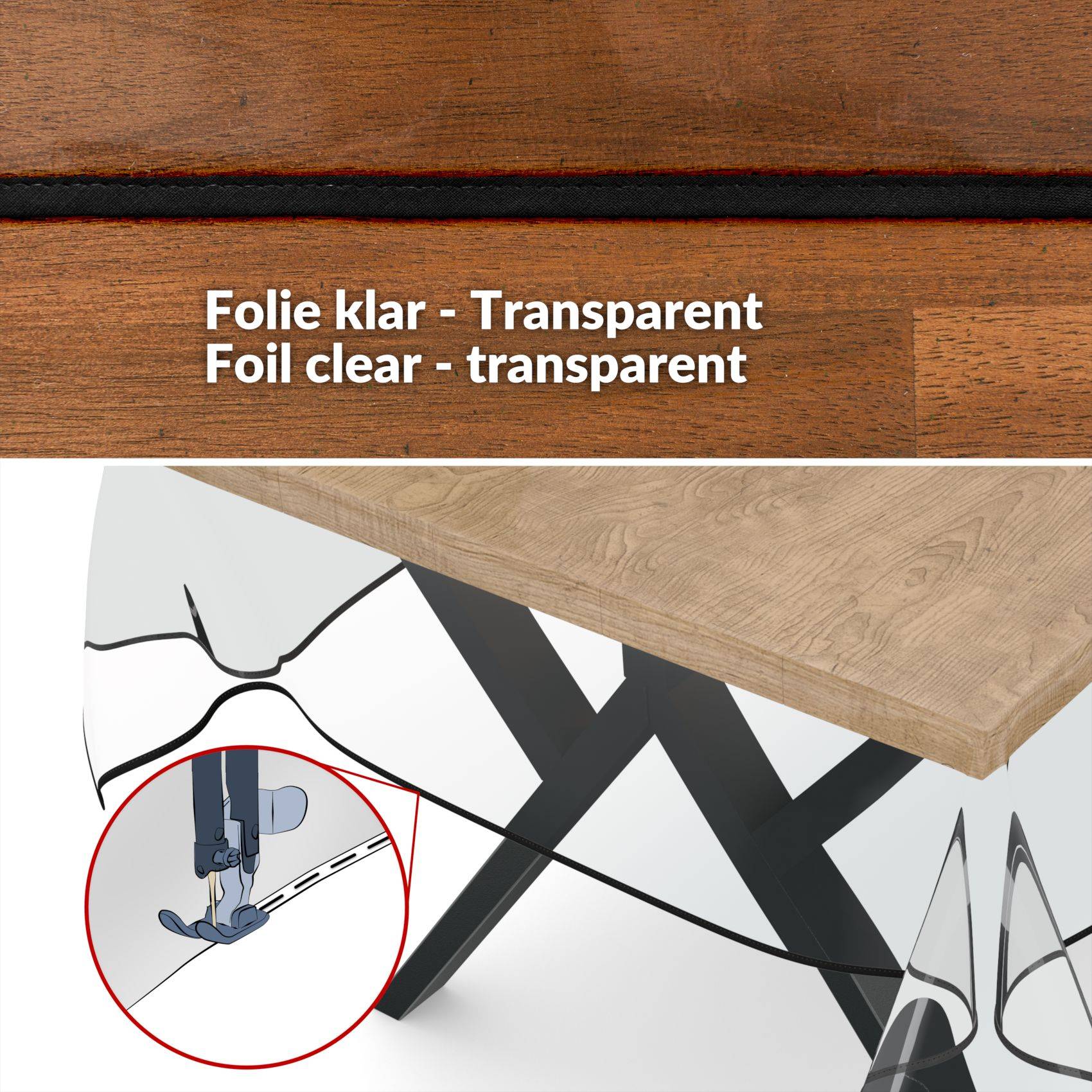 Transparente klare Folie mit der Bezeichnung „Folie klar - Transparent / Foil clear - transparent", die unter einem Holztisch gezeigt wird, mit einer Nahaufnahme eines Nähmaschinen-Details beim Nähen der Kante.