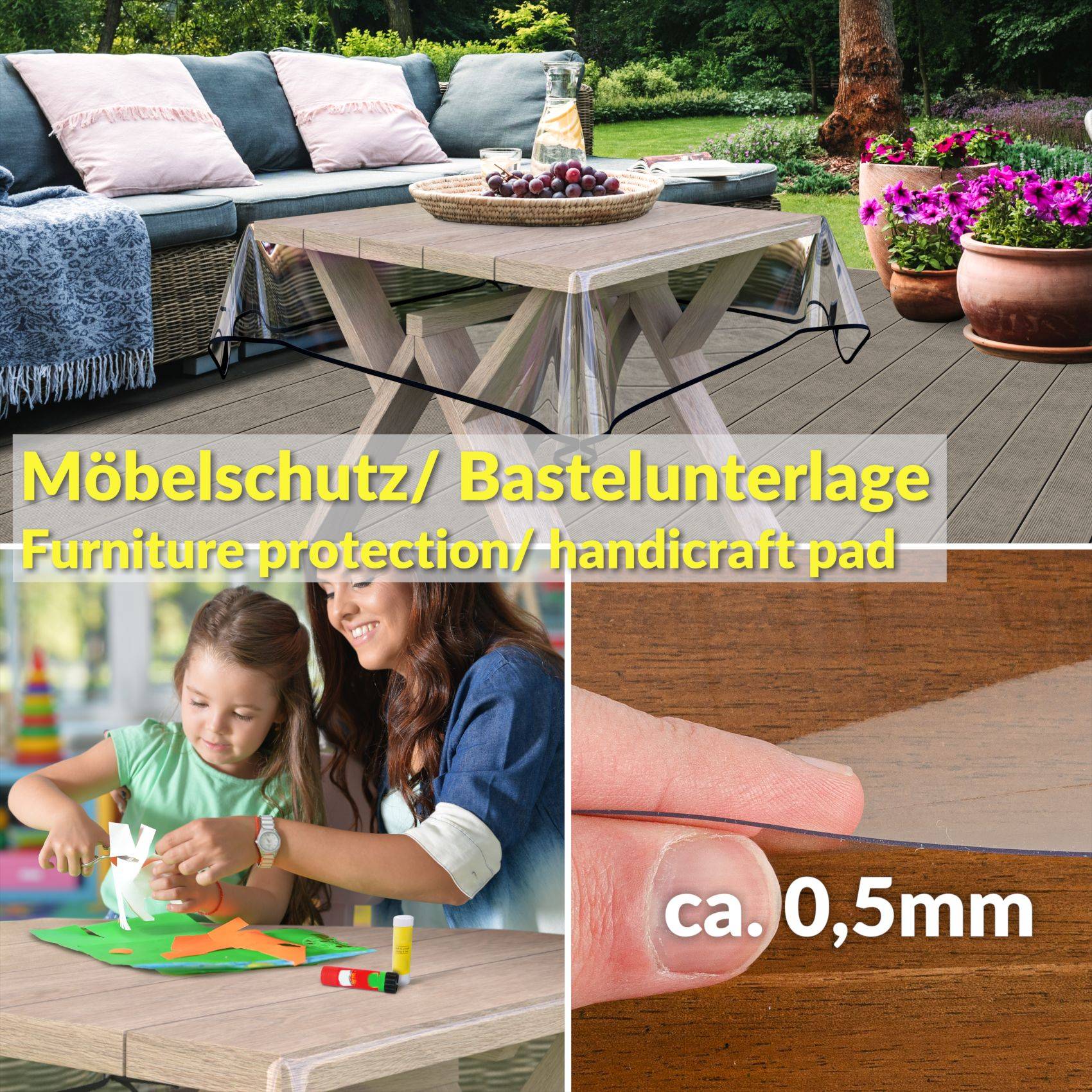 Werbebild einer Möbelschutz-/Handwerksmatte unter einem Terrassentisch; die Einfügung zeigt ein Kind beim Basteln darauf und eine Hand, die die Dicke von „ca. 0,5mm" zeigt.