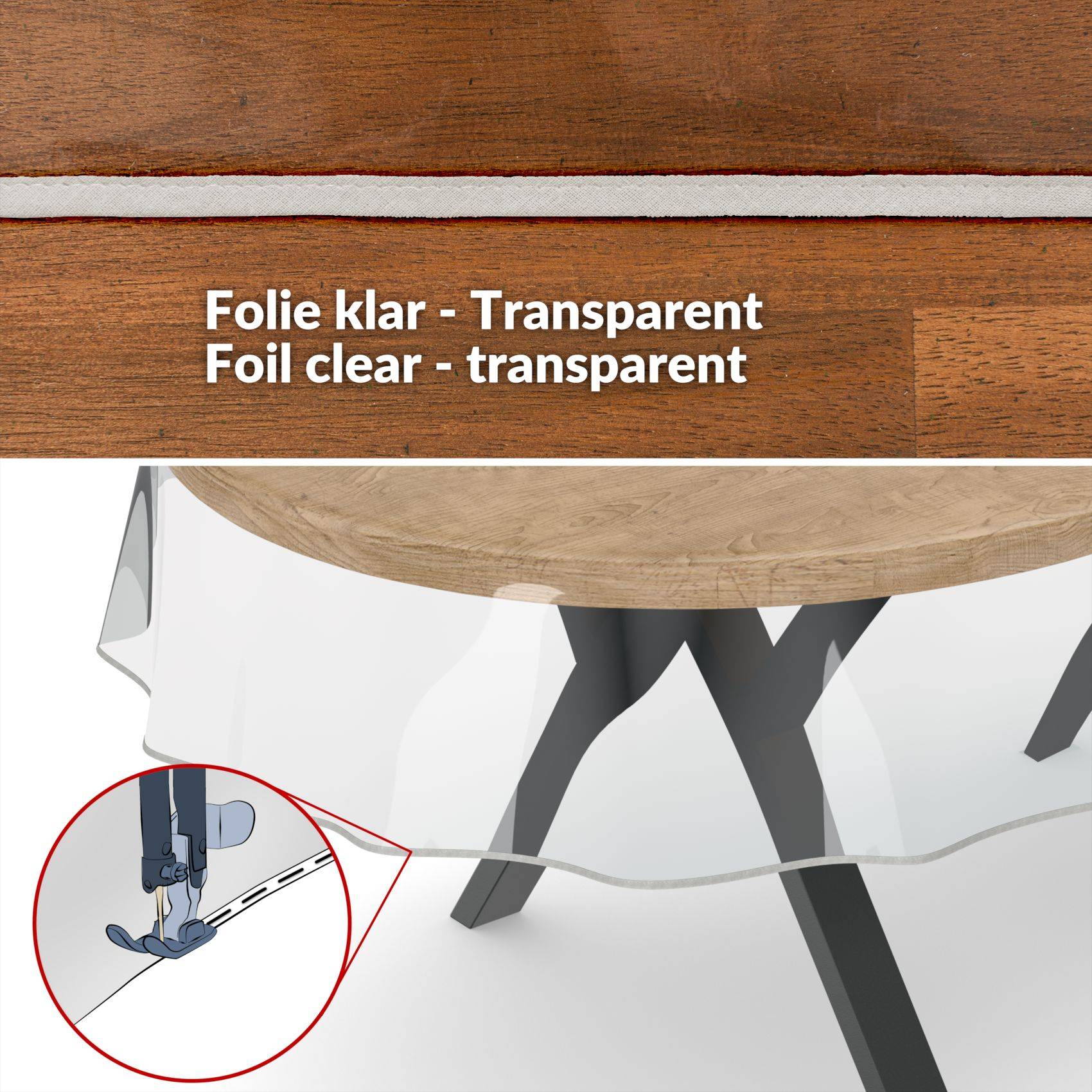 Klare transparente Folie unter einem runden Holztisch, mit einer Vergrößerung, die zeigt, wie die Folie von einer Nähmaschine genäht oder befestigt wird.