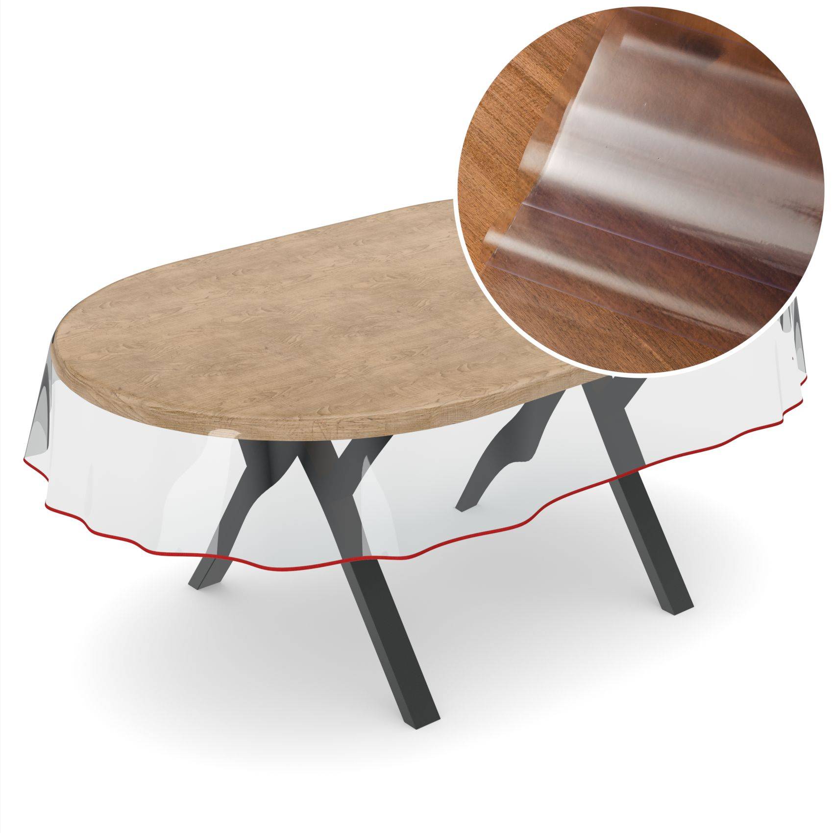 Ovale Holztischplatte mit schwarzen Klappbeinen, teilweise bedeckt mit einer angepassten, transparenten Schutztischdecke; Ausschnitt zeigt die Textur des durchsichtigen Materials.