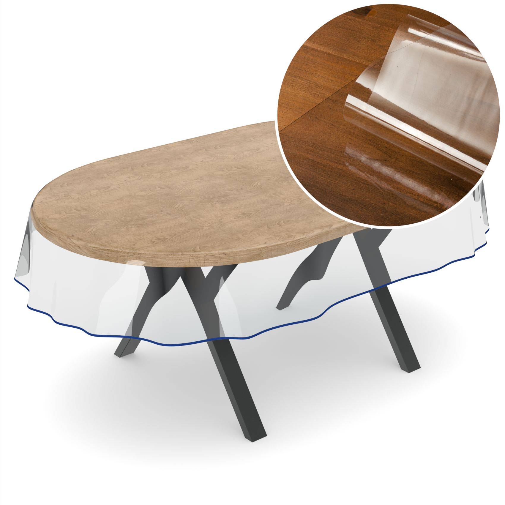 Ovaler Esstisch mit Holzmaserung-Oberfläche und schwarzen schrägen Beinen, teilweise bedeckt mit einer transparenten Schutzdecke mit blauem Rand.