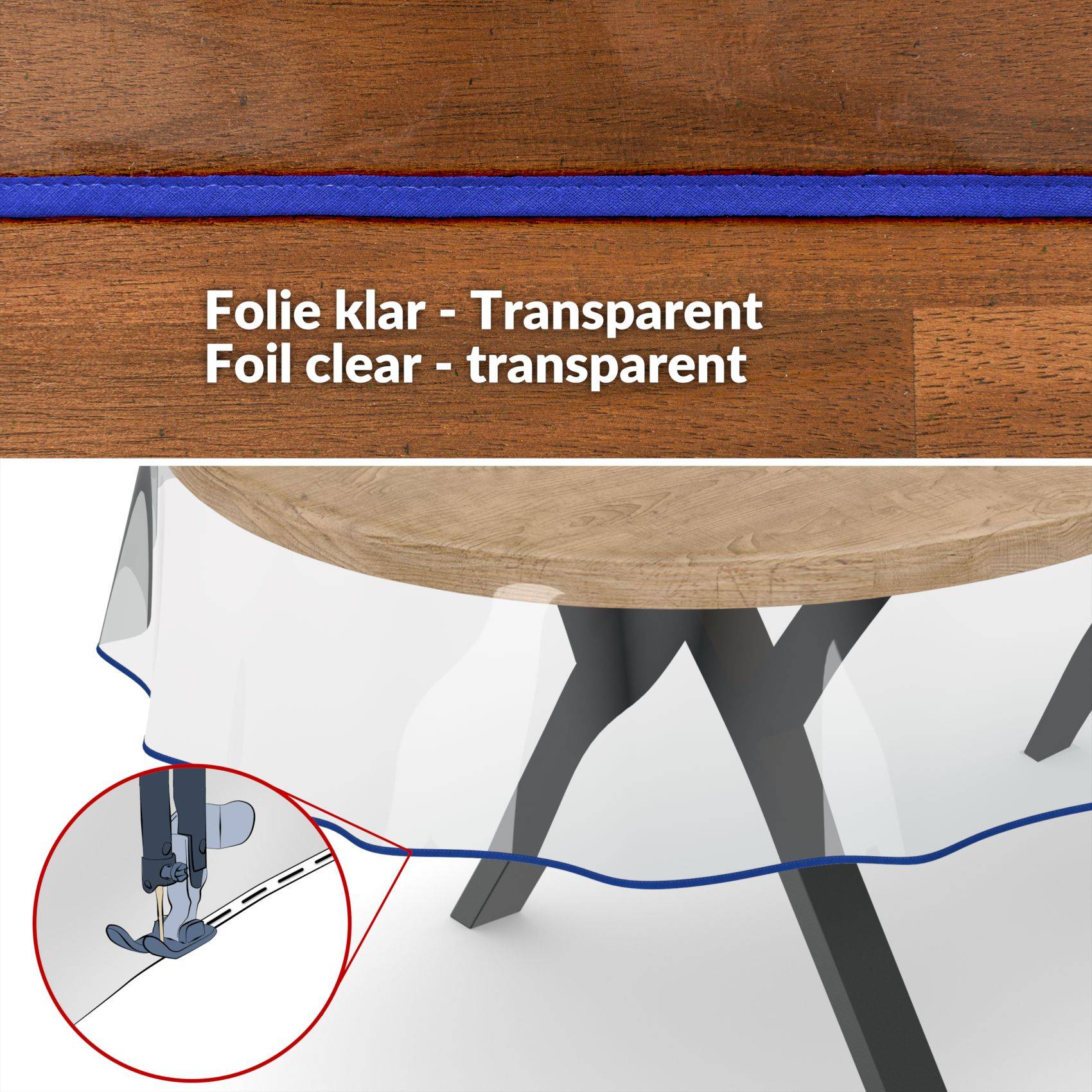 Transparente klare Folie über einem Tisch drapiert mit einem roten Einsatz, der eine Nähmaschine zeigt, die die Folienkante befestigt, beschriftet mit „Folie klar - Transparent" und „Foil clear - transparent"".
