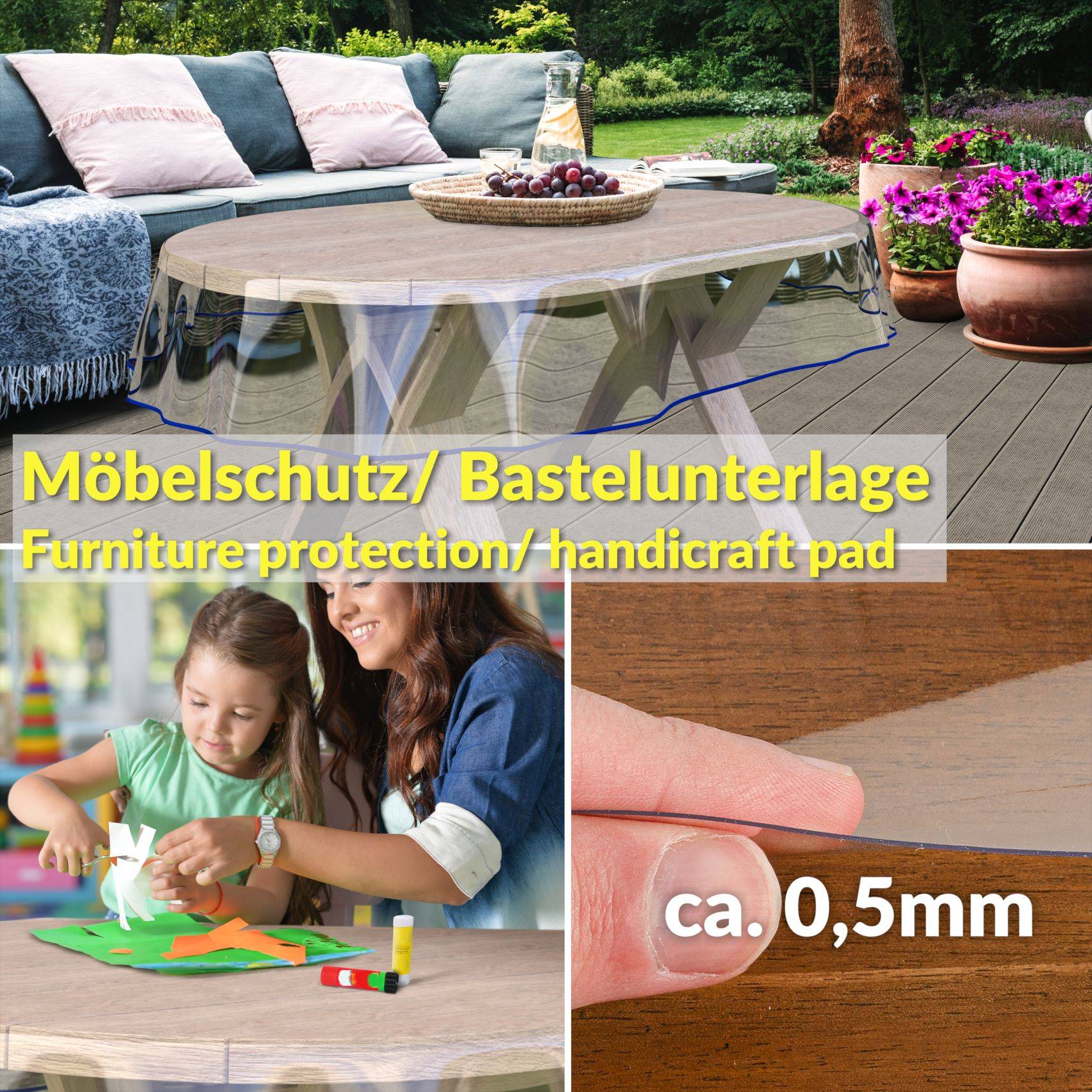Multifunktionale Tischdecke zum Schutz von Möbeln oder für Handwerksprojekte, gezeigt auf einem Außentisch, bei einer Bastelaktivität für Kinder und als Musterprobe des 0,5 mm dicken Materials.
