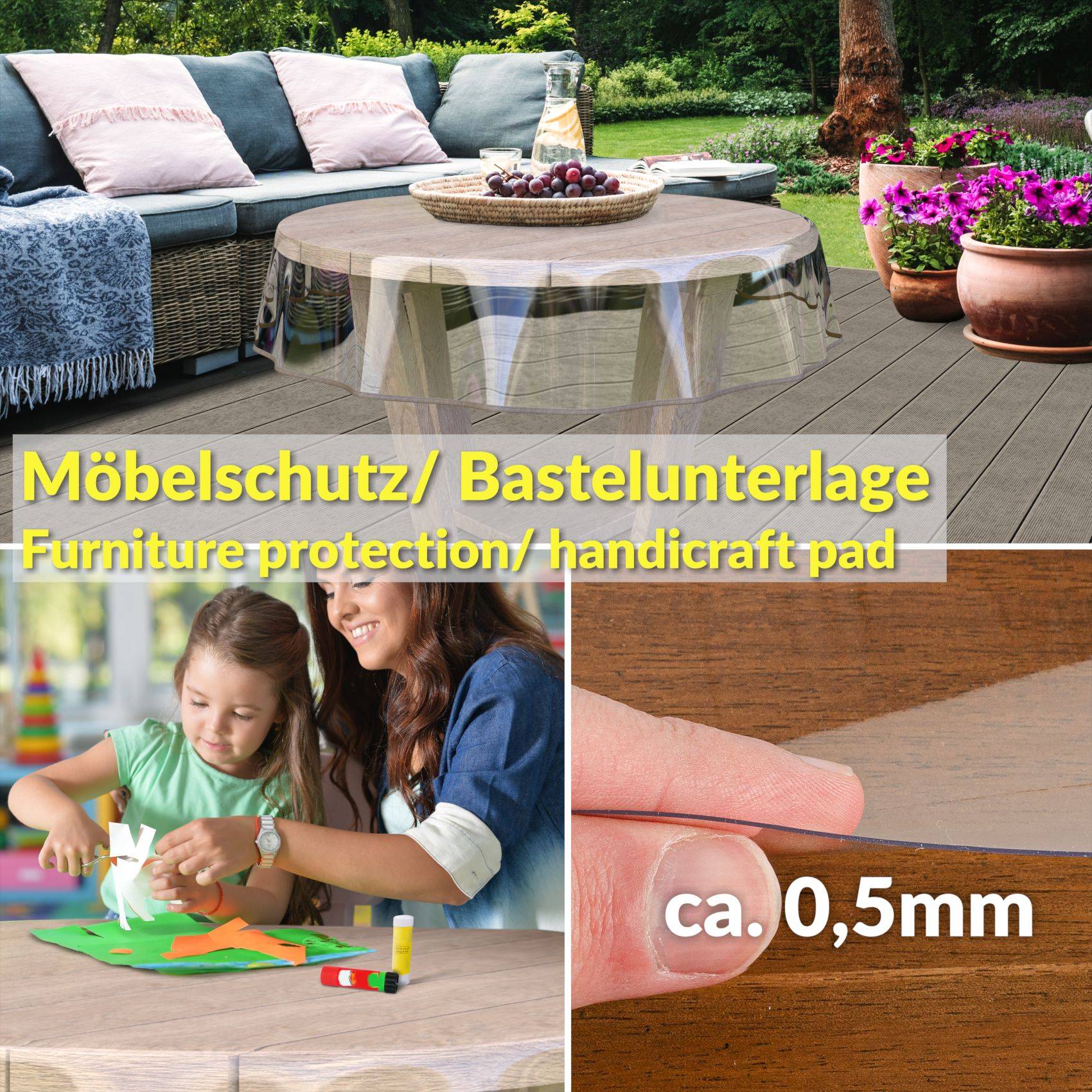 Werbegrafik für „Möbelschutz/Bastelunterlage" mit einer transparenten Möbelschutzauflage auf einem Patio-Tisch, plus einer Kinderbastelszene und Nahaufnahme der Dicke von „ca. 0,5mm"".