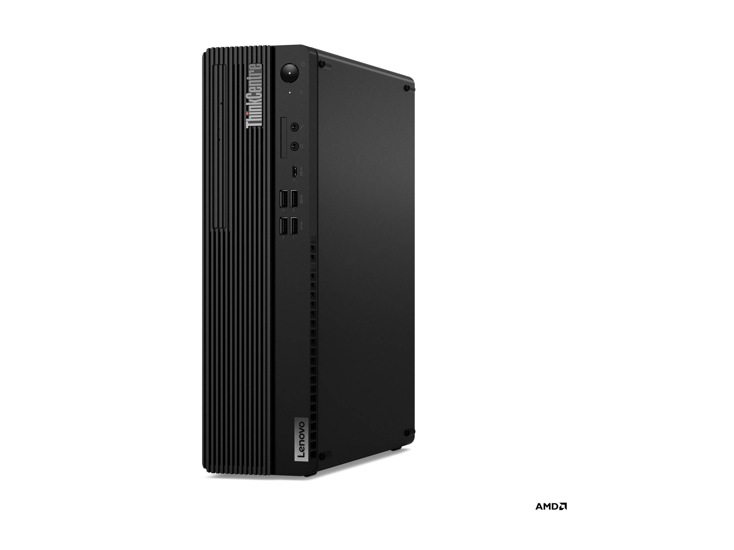 Schwarzer Lenovo ThinkCentre Desktop-Tower-Computer im Profil auf weißem Hintergrund.