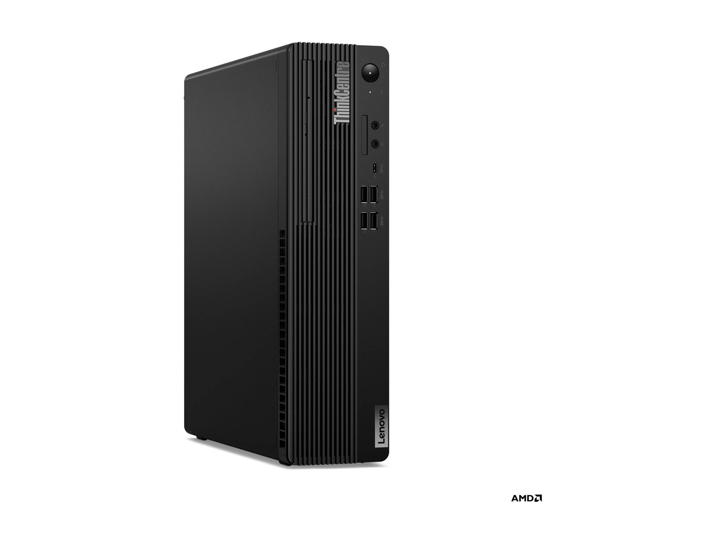 Schwarzer Lenovo-Desktop-Tower-PC auf weißem Hintergrund mit vorderen USB-Anschlüssen und Ein-/Ausschalter.