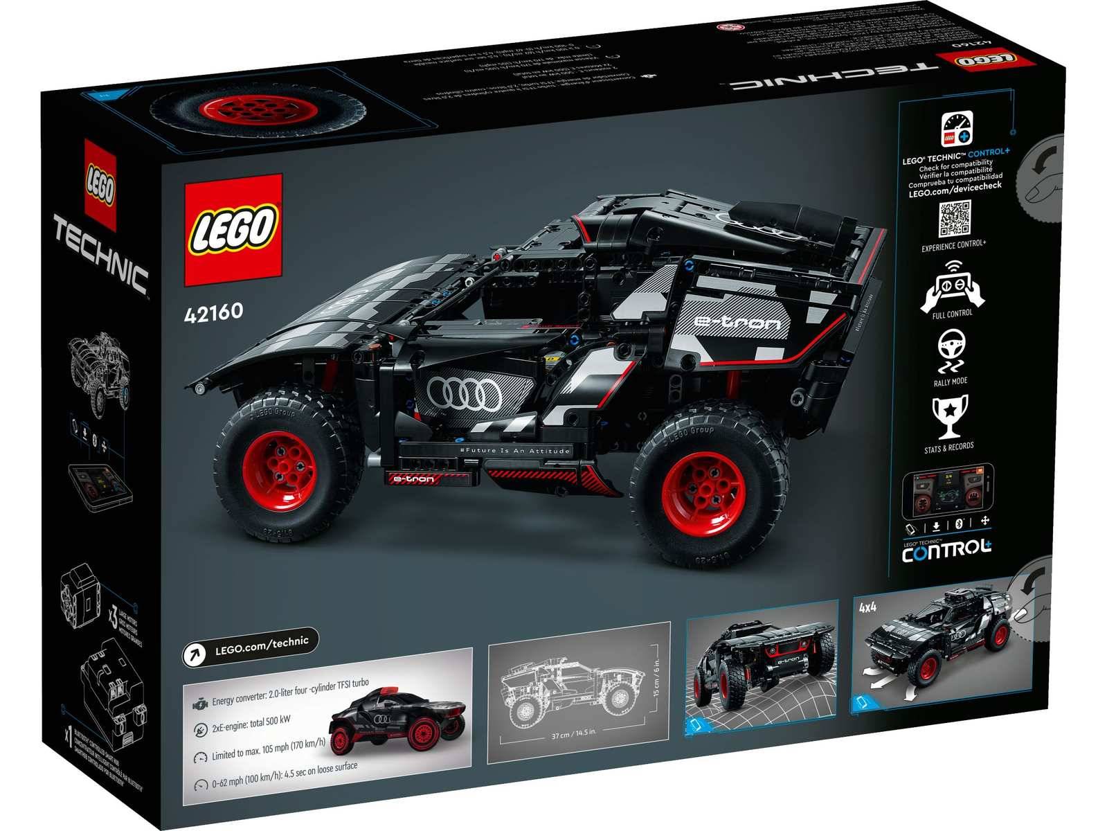 LEGO Technic Audi e-tron Rennwagen-Set Box, zeigt ein schwarzes Geländewagenmodell mit roten Rädern und Modellnummer 42160.