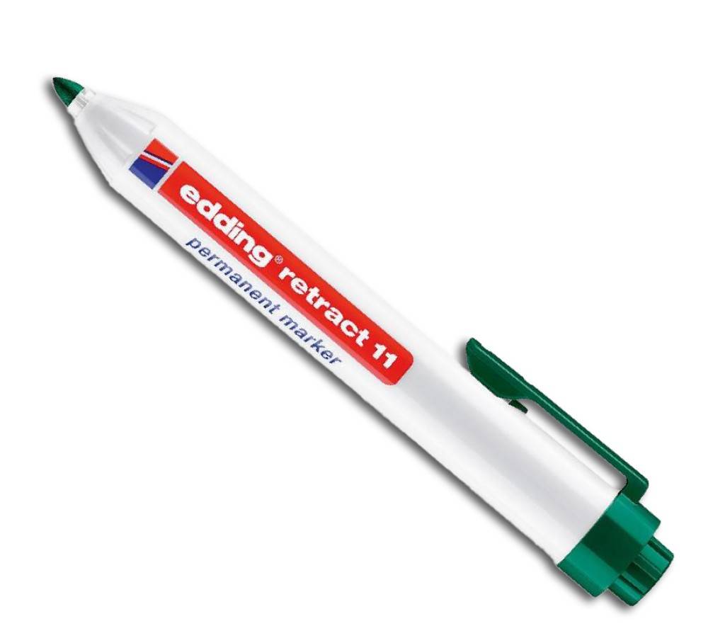 Weißer Edding Retract 11 Permanentmarker mit grüner Spitze und Clip, gezeigt auf weißem Hintergrund.