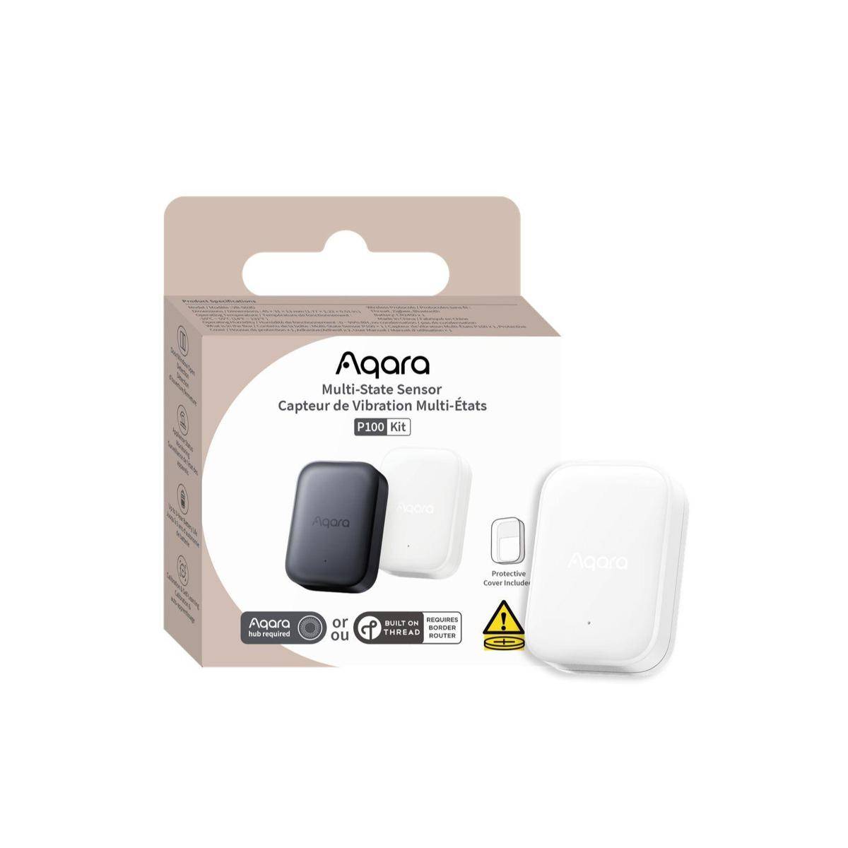 Aqara P100 Kit Multi-State-Sensor Verpackung mit schwarzen und weißen Sensorgeräten und einem kleinen Schutzhülle-Symbol.