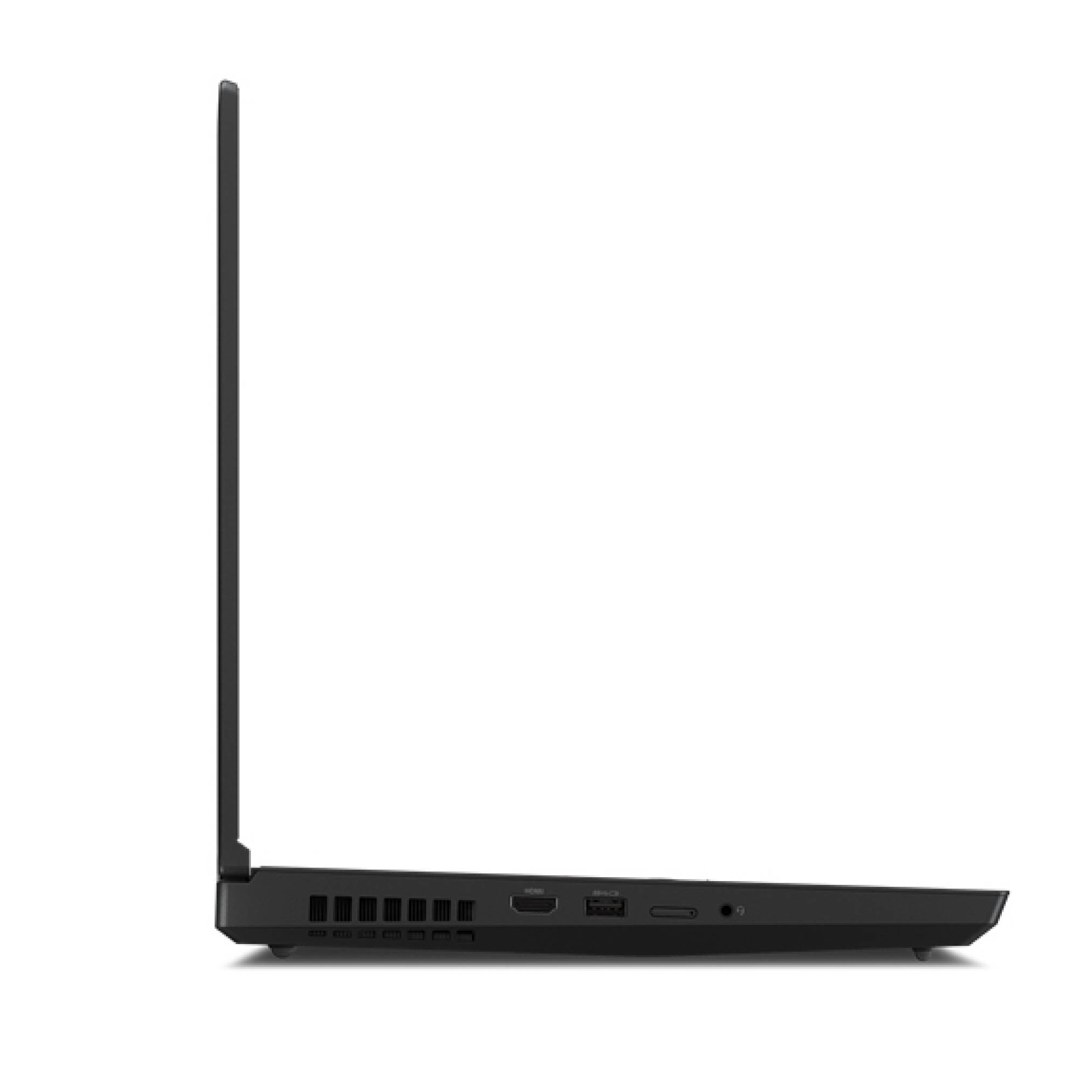 Schwarzer Laptop in Seitenansicht mit vertikal geöffnetem Bildschirm, der ein schlankes Design und sichtbare Seitenports auf einfachem weißem Hintergrund hervorhebt.