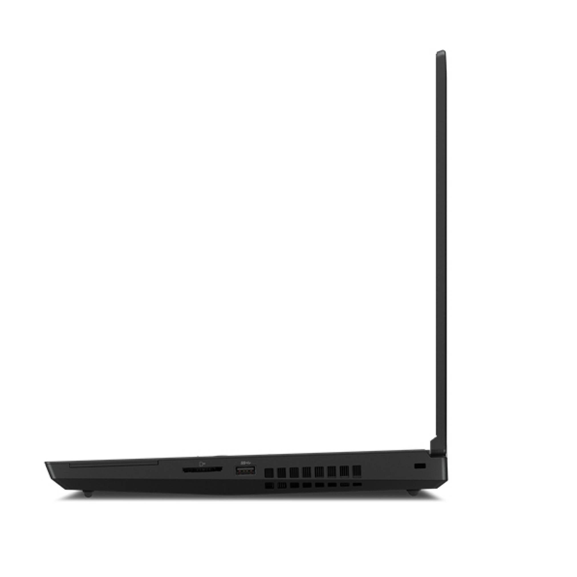 Schwarzer Laptop in Seitenansicht gezeigt, geschlossen, mit Deckel aufrecht im rechten Winkel zur Basis.