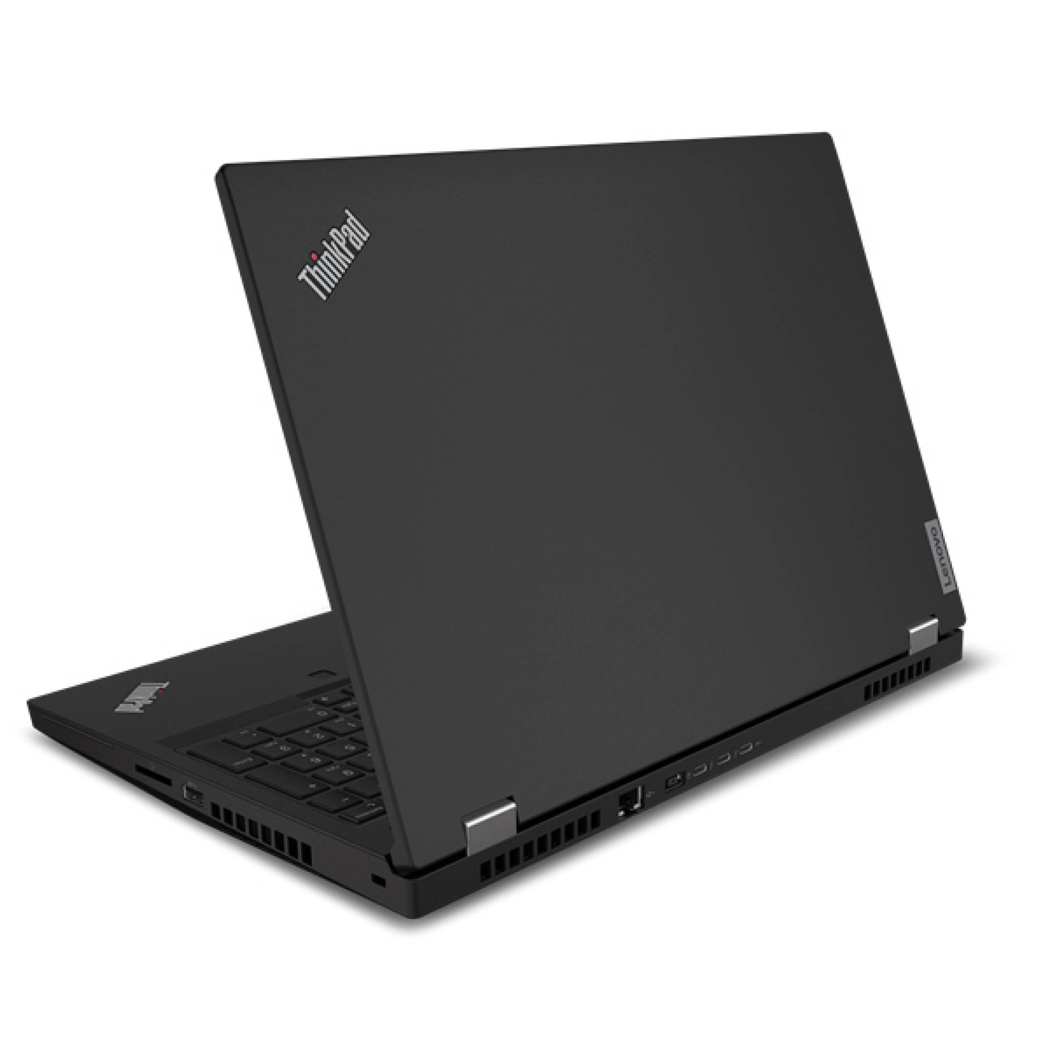 Schwarzes Lenovo ThinkPad Laptop, das teilweise geöffnet auf weißem Hintergrund gezeigt wird, von der hinteren linken Seite betrachtet.