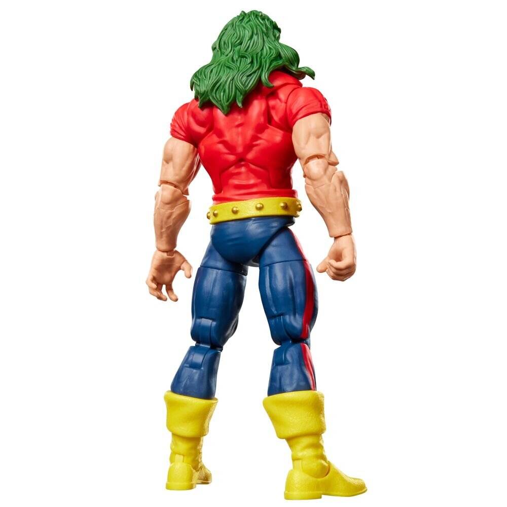 Rückansicht einer muskulösen Action-Figur mit grünem Haar, rotem Hemd, blauen Hosen, gelben Stiefeln und einem gelben Gürtel auf weißem Hintergrund.
