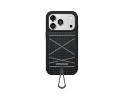 Schwarze OtterBox Handyhülle mit Riemen und Schlaufe, auf weißem Hintergrund dargestellt.