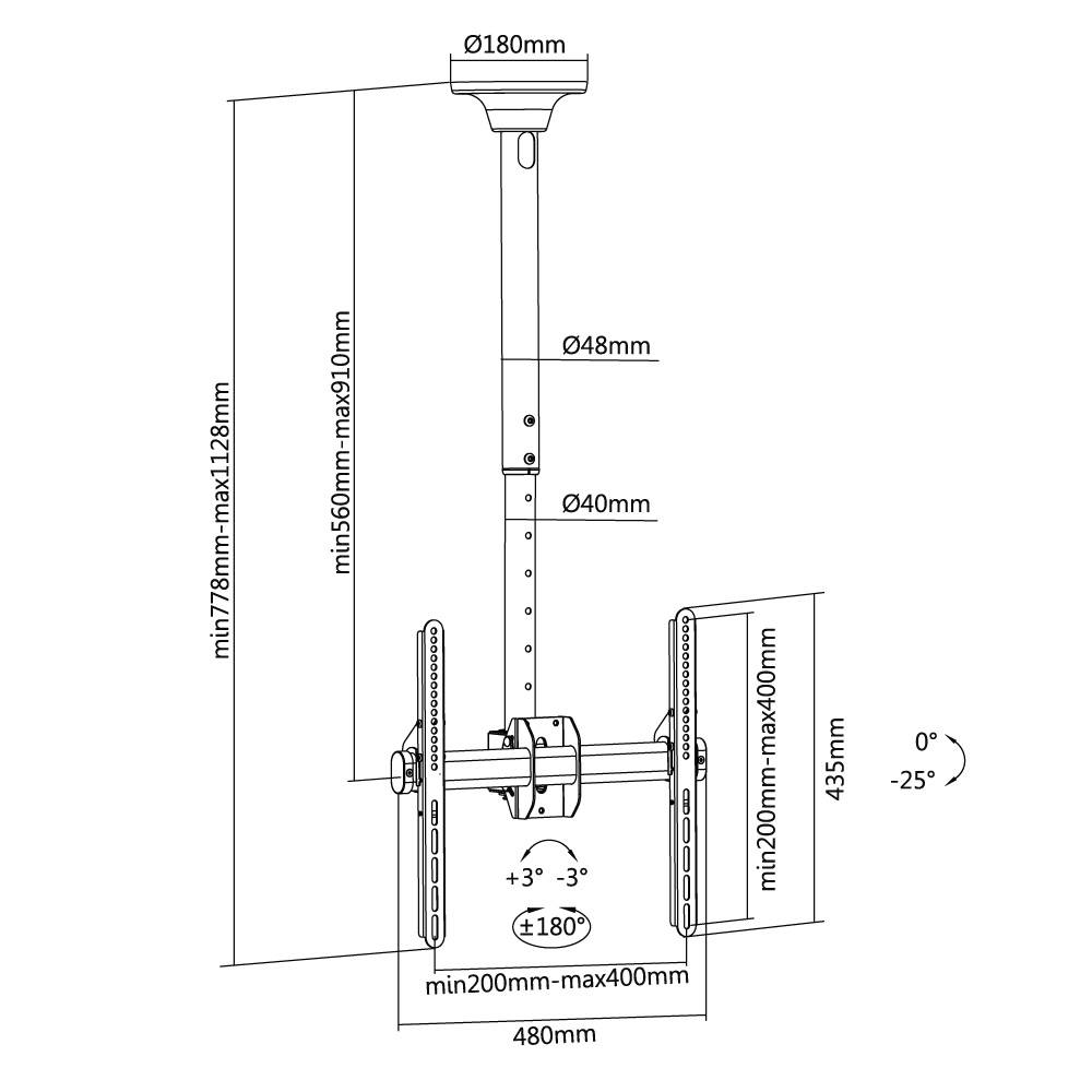 Deckenhalterung für TV-Abmessungen-Diagramm mit verstellbarer Höhe, Breite, Neigungswinkel und 180°-Schwenkbereich.