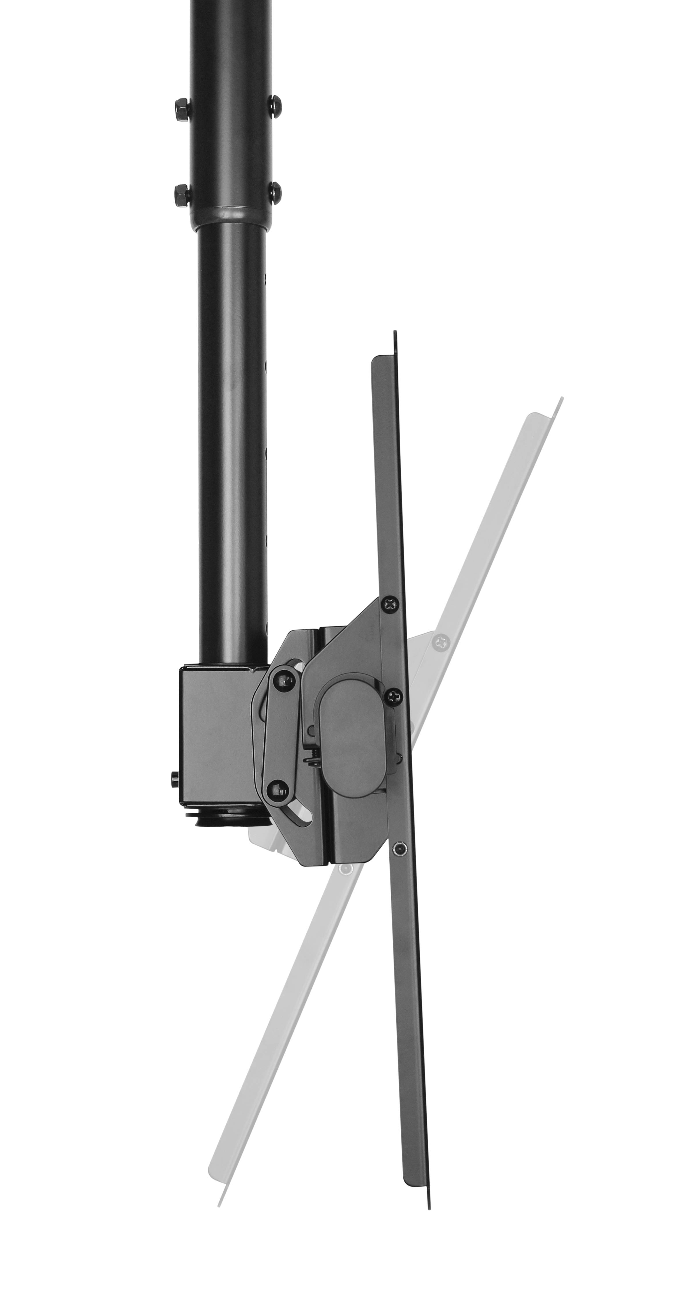 Schwarzes, an einem Mast montiertes mechanisches Scharnier mit zwei abgewinkelten Stützarmen und einer grauen Montageklammer auf weißem Hintergrund.