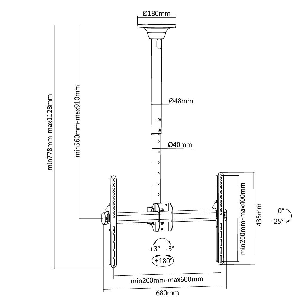 Technisches Diagramm einer deckengestützten Fernsehhalterung mit verstellbaren Abmessungen, VESA-Bereich, Stangenlängen und Neigungs-/Schwenkwinkeln.