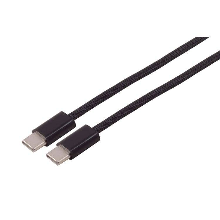 Zwei schwarze USB-C-Kabel mit geflochtenem Muster und Metallsteckern auf weißem Hintergrund.