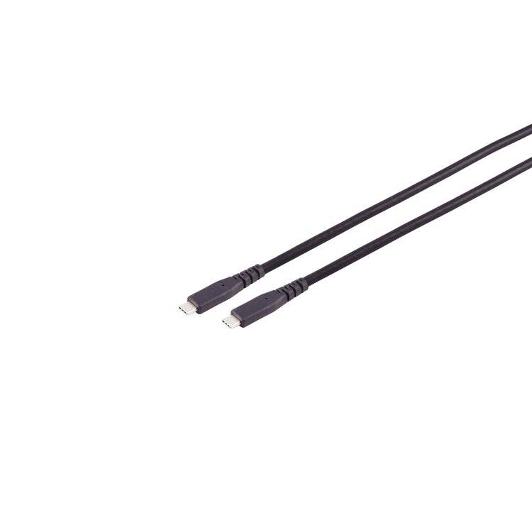Zwei schwarze USB-C-Kabel mit Anschlüssen auf weißem Hintergrund dargestellt.