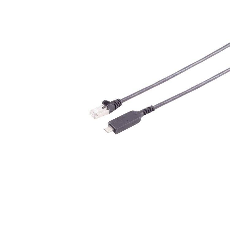 Ein graues Ethernet-Kabel mit RJ45-Stecker und einem USB-C-Stecker auf weißem Hintergrund.