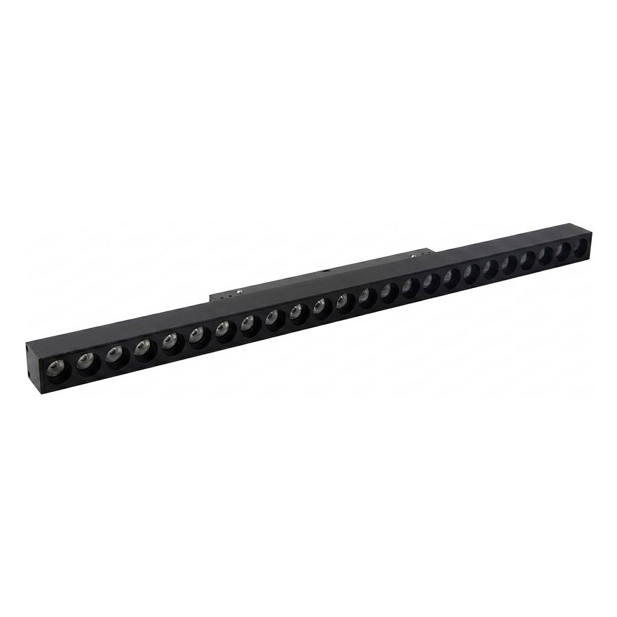 Schwarze lineare LED-Leuchtenleiste mit einer Reihe mehrerer kreisförmiger Linsen auf weißem Hintergrund.