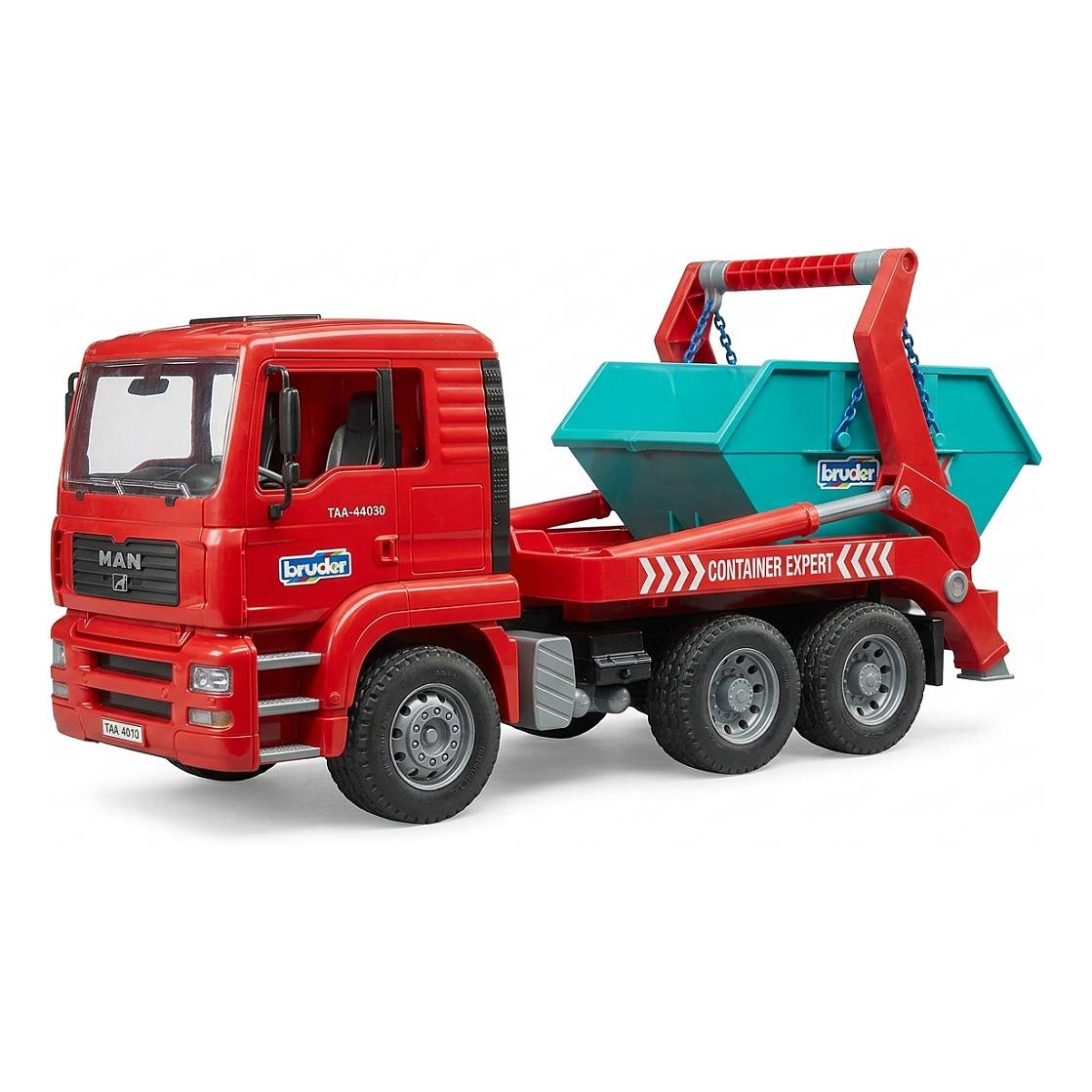 Roter Spielzeug-MAN-Containerlastwagen mit türkisblauem Hebelkipper, beschriftet mit „CONTAINER EXPERT