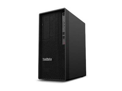 Schwarzer Lenovo ThinkStation Desktop-Tower in schräger Ansicht auf weißem Hintergrund.