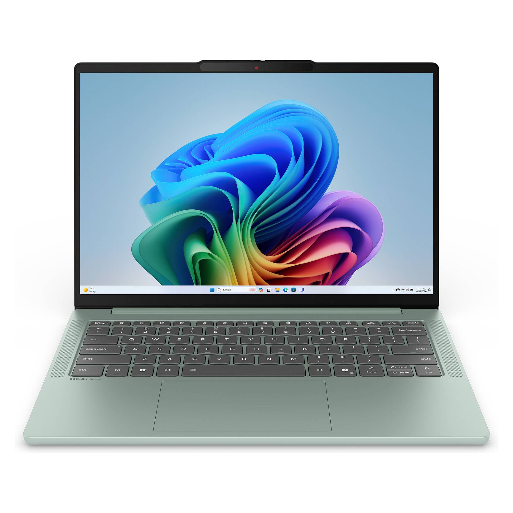 Offener Laptop mit einem Windows 11-Desktop, auf dem eine farbenfrohe abstrakte Wirbeltapete angezeigt wird.