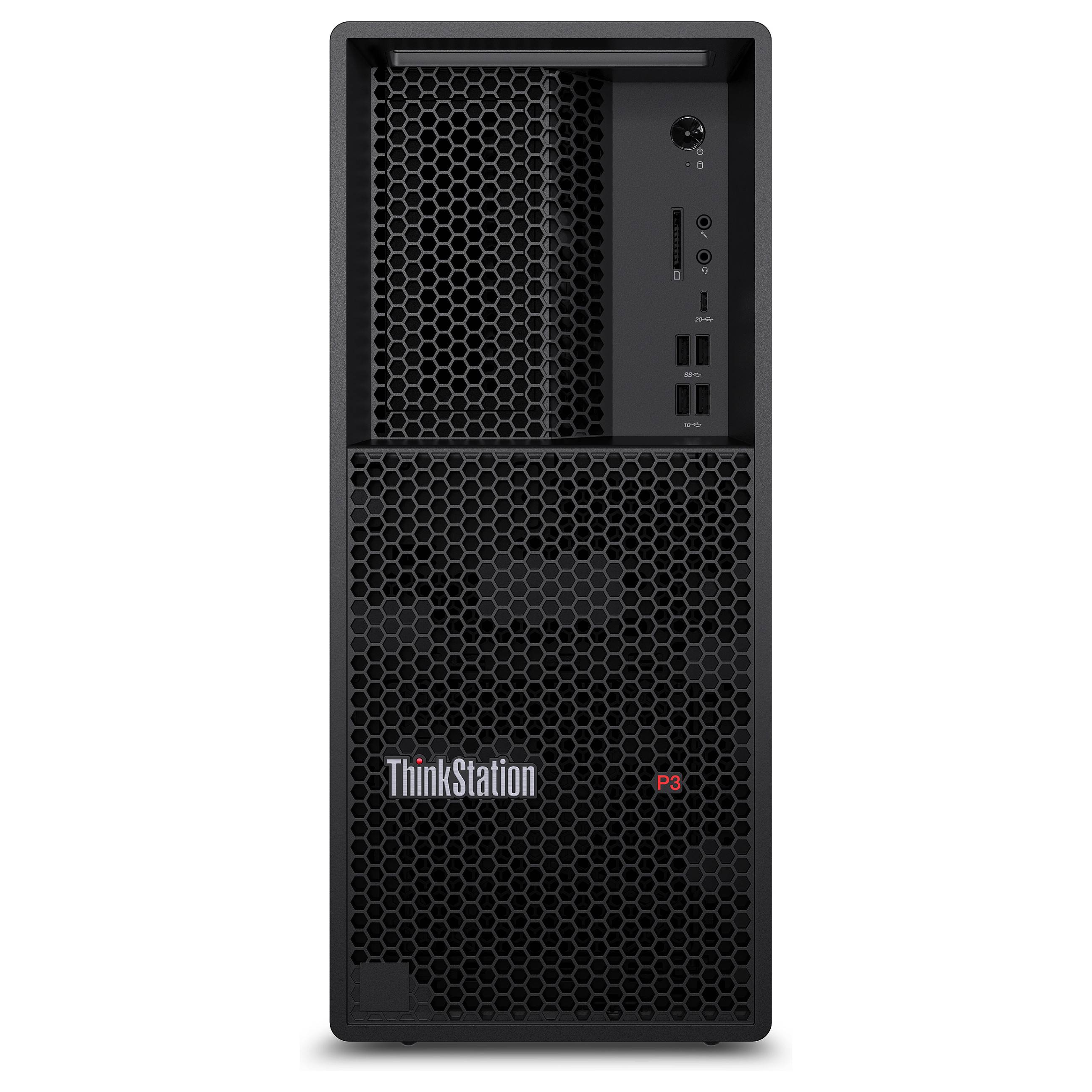 Frontalansicht einer Lenovo ThinkStation P3 Tower-Workstation mit schwarzem Wabenlüftungsgitter und vorderer Stromversorgung, Anschlüssen und Laufwerkschächten.