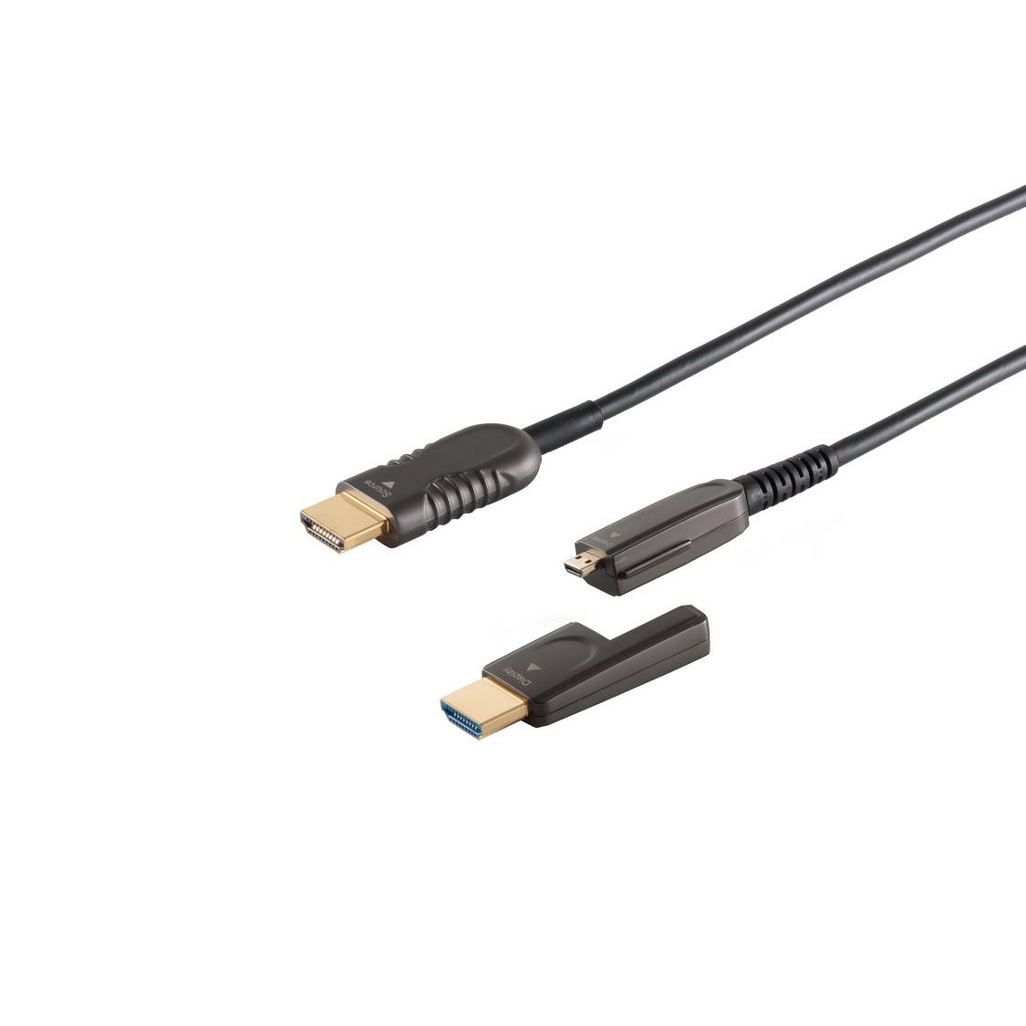 Zwei schwarze Steckerverbinder auf weißem Hintergrund, die einen USB-C und einen HDMI-ähnlichen Stecker mit einem abnehmbaren Adapter oder Endelement zeigen.