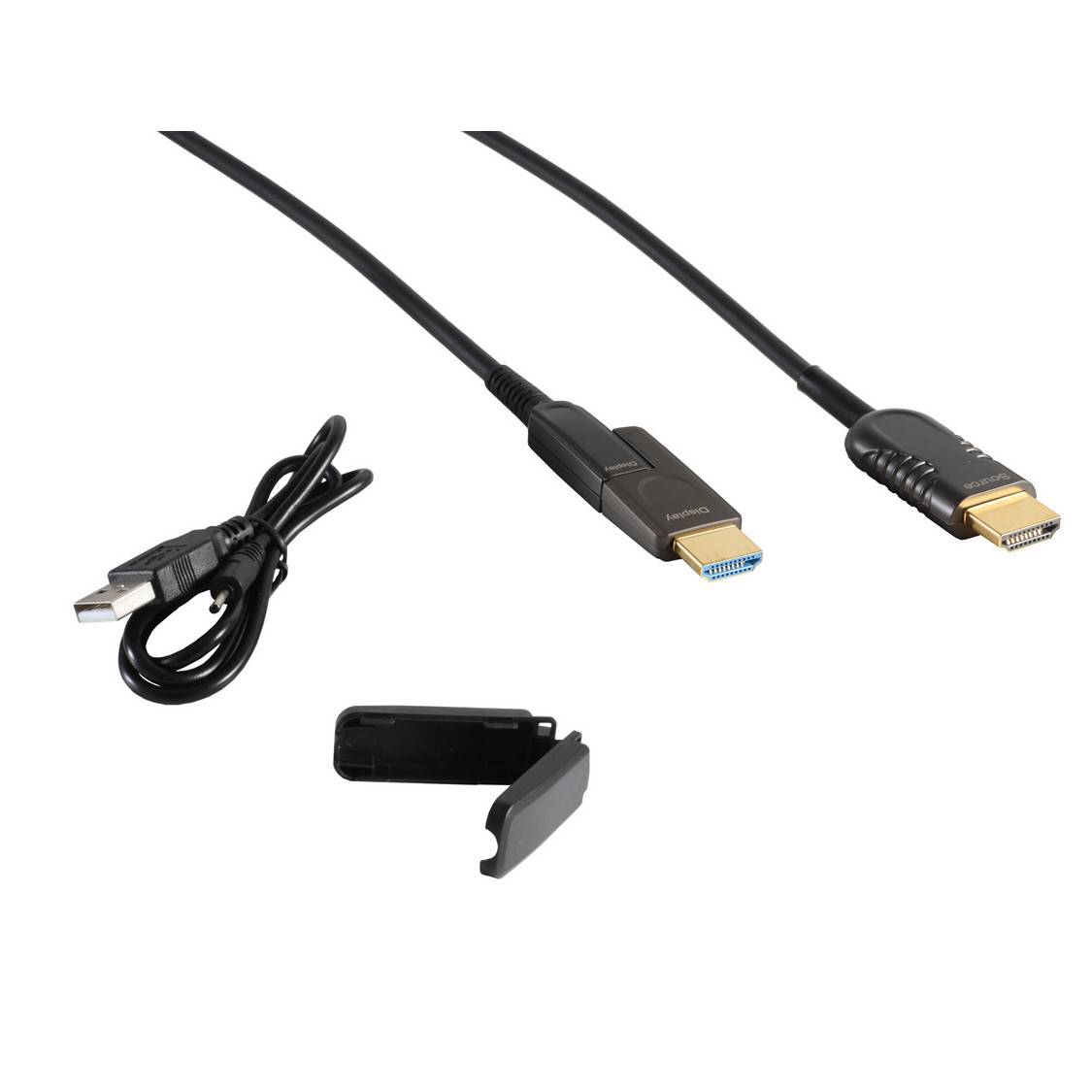 Sammlung schwarzer Kabel und Stecker, einschließlich eines USB-Kabels und zweier Displaykabel mit vergoldeten Enden, plus einer kleinen Adapterkappе auf weißem Hintergrund.