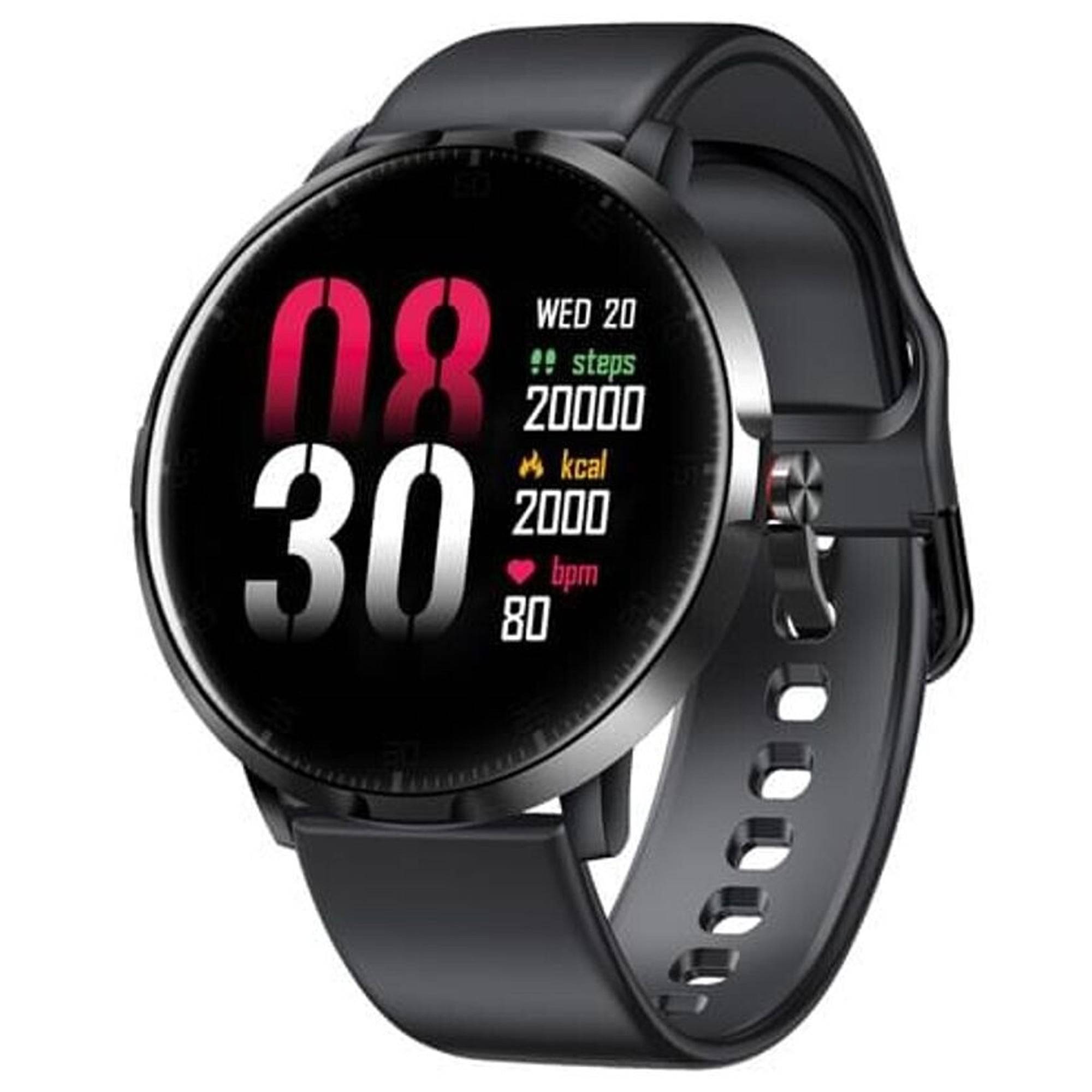 Schwarze runde Smartwatch mit digitaler Anzeige, die 08:30, Mi 20, 20.000 Schritte, 2000 kcal und Herzfrequenz 80 bpm anzeigt.