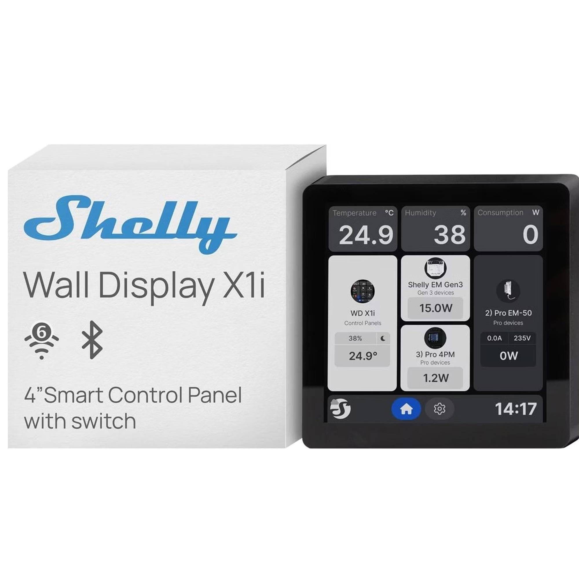 Produktbild des Shelly Wall Display X1i, ein 4-Zoll-Smart-Control-Panel mit Schalter, dargestellt neben seinem Touchscreen-Display mit Temperatur-, Feuchtigkeits- und Gerätesteuerungen.