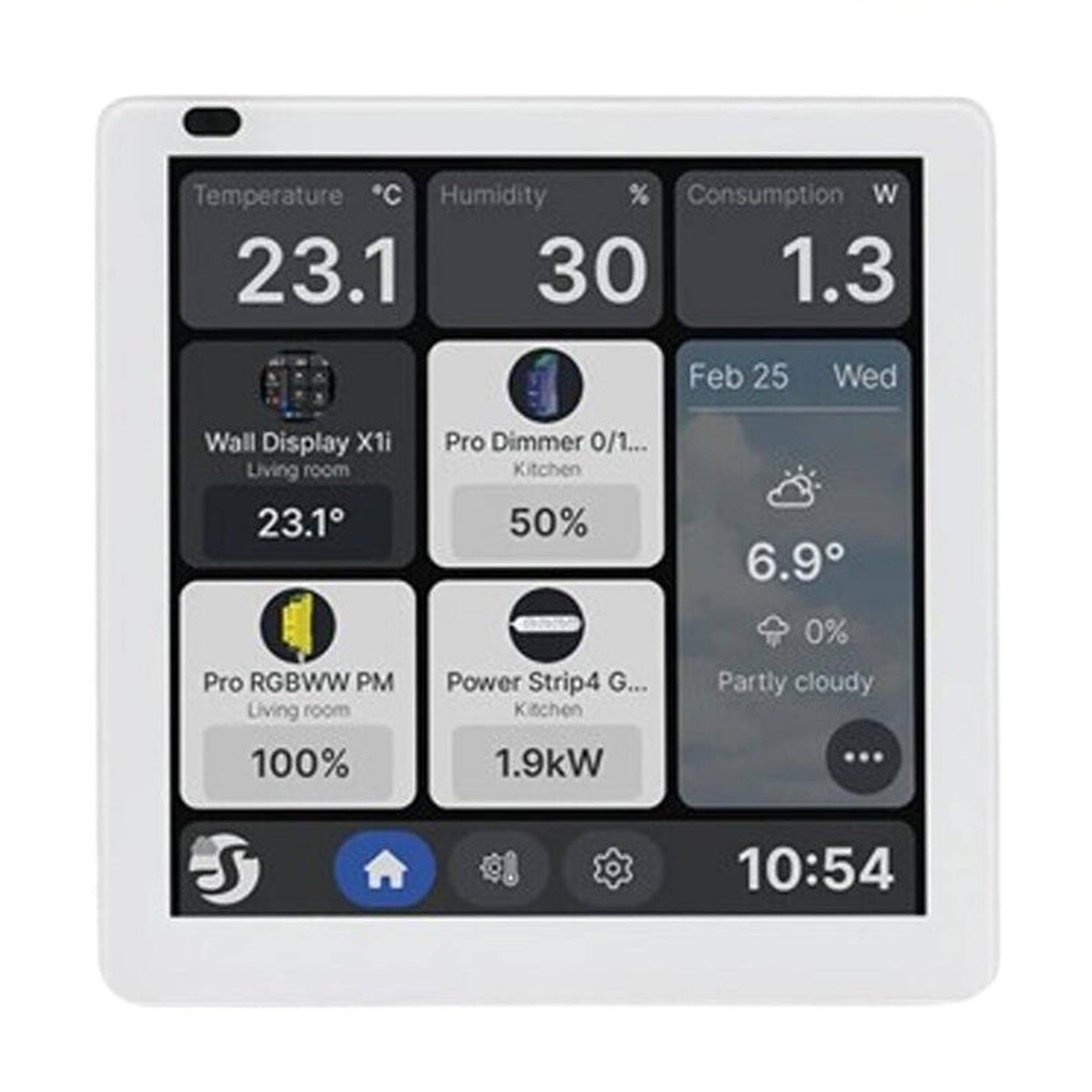 Smart-Home-Wanddisplay mit einer Temperatur von 23,1°C, Luftfeuchtigkeit 30%, Stromverbrauch 1,3W, Gerätesteuerung und Wetter für den 25. Februar, 6,9° teilweise bewölkt.