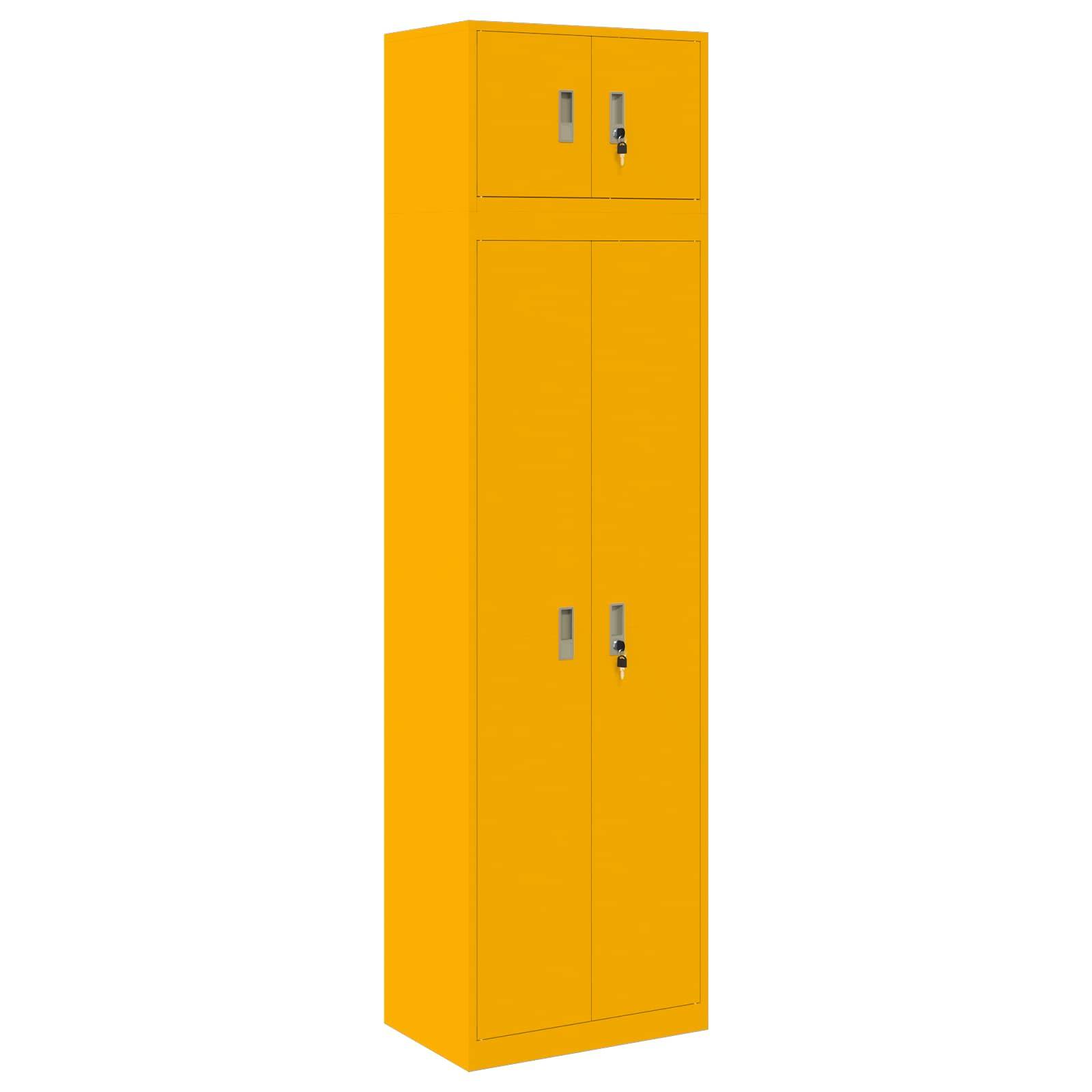 Hoher gelber Metalllagerschrank mit zwei Türen und kleinem oberem Fach, dargestellt auf weißem Hintergrund.