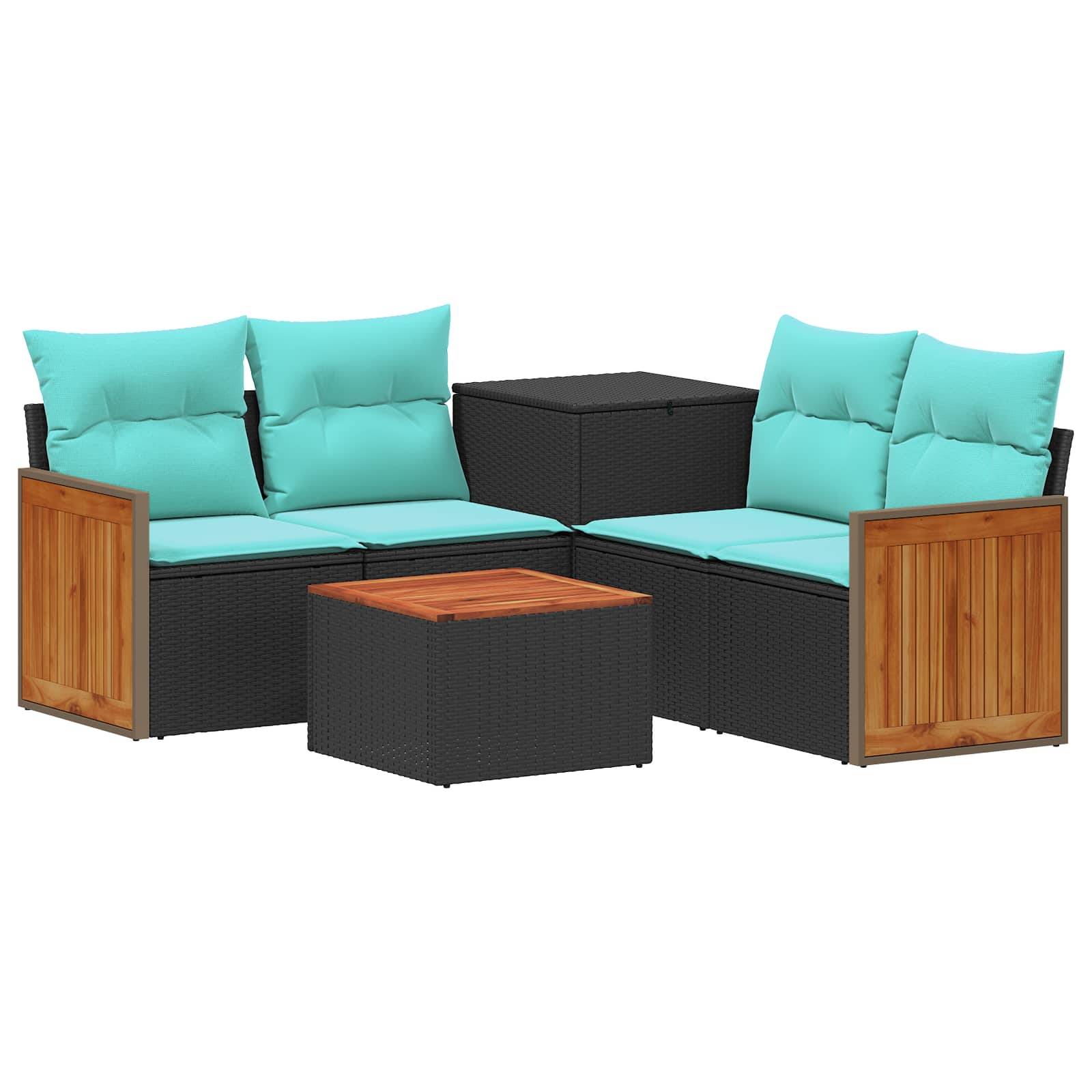 Outdoor-Ecksofa-Gartenmöbel-Set mit türkisfarben Kissen, schwarzen Rattanrahmen, Holzarmlehnen und passendem quadratischem Couchtisch.