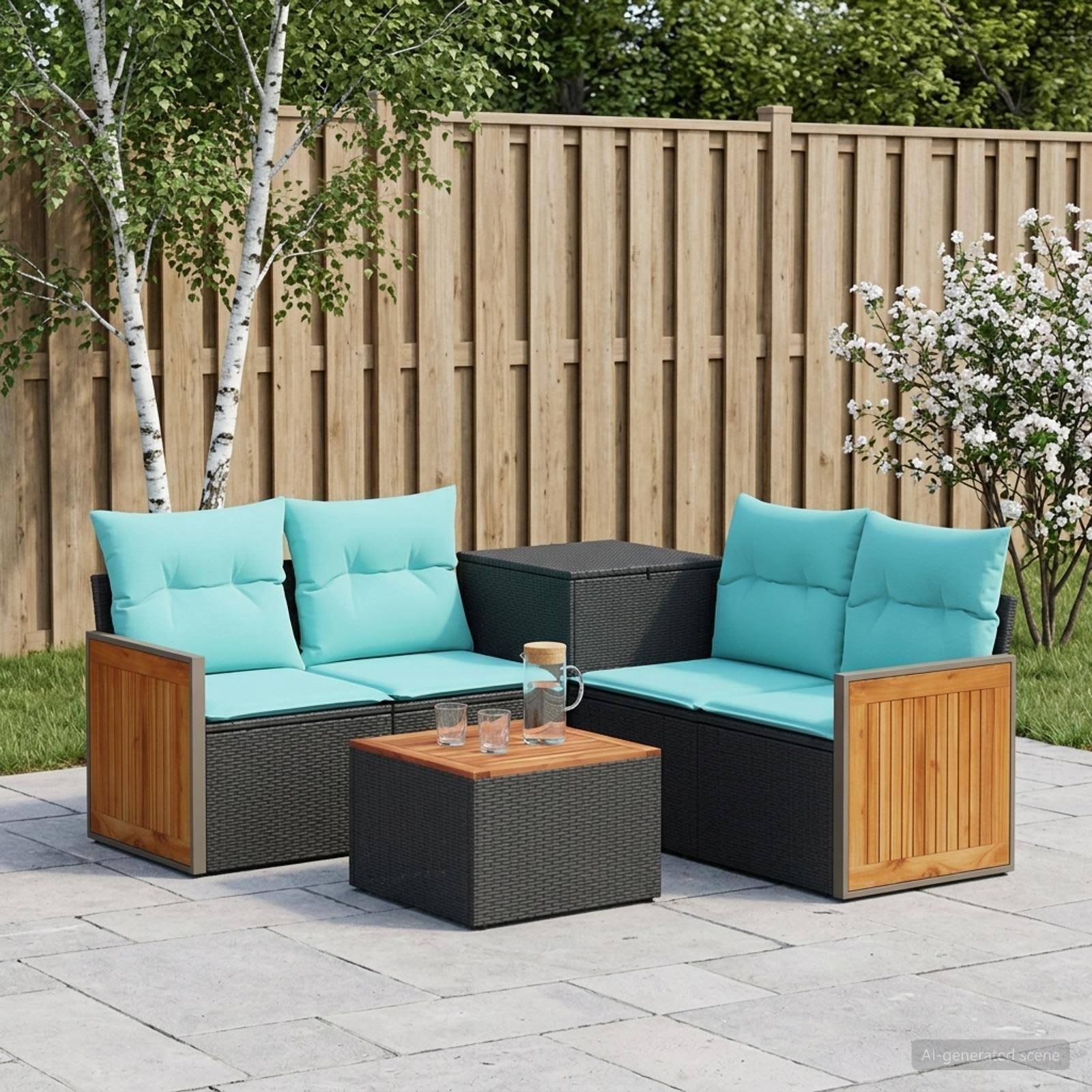 Gartenmöbel-Set im Freien mit türkisfarbenen Kissen, einem Couchtisch und einem Beistelltisch auf einer Steinterrasse vor einem Holzzaun.