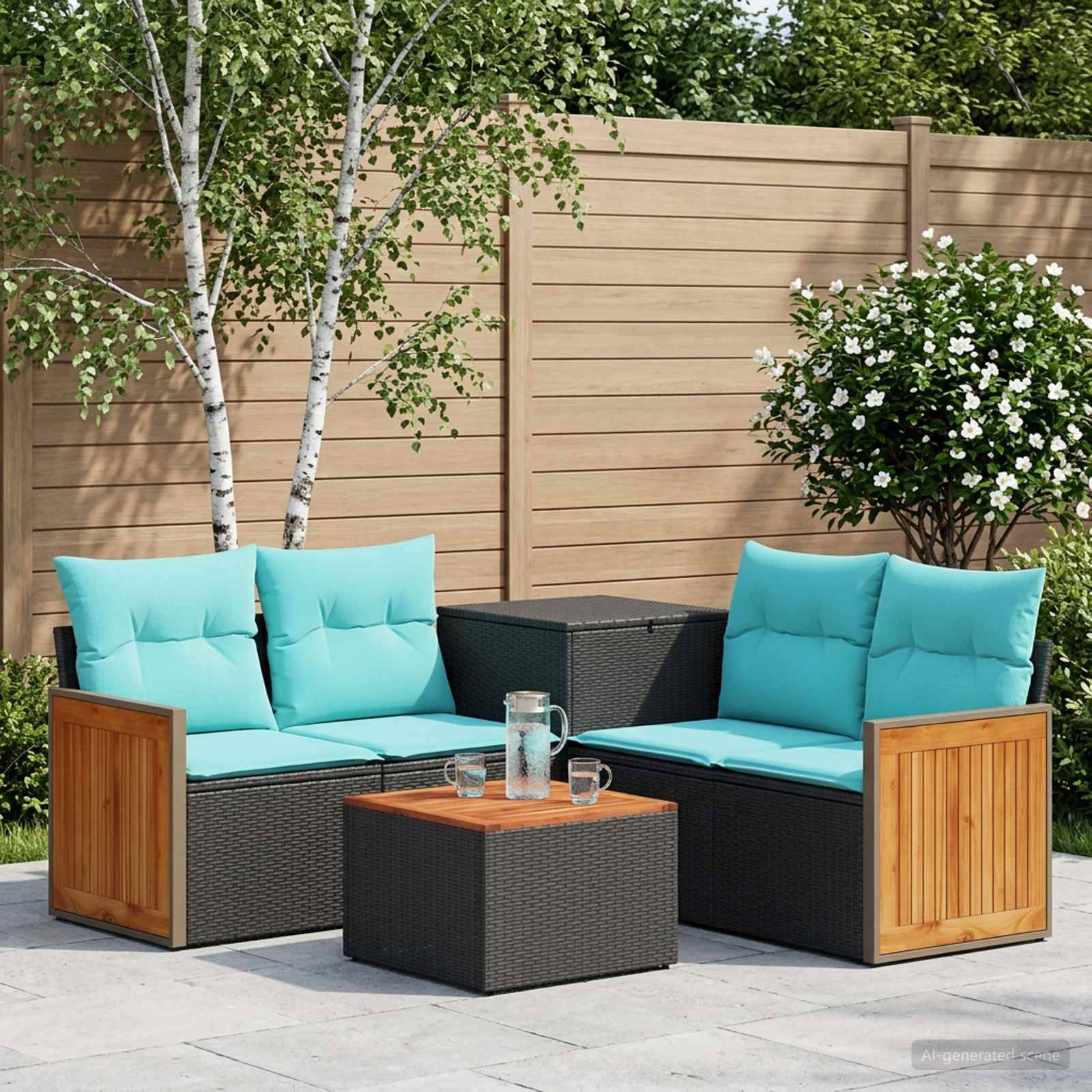 Outdoor-Terrassensitzgruppe mit zwei dunkelbraunen Polyrattan-Sofas, türkisfarbenen Kissen, einem passenden Tisch und einem Holz-Sichtschutzzaun sowie Bäumen im Hintergrund.