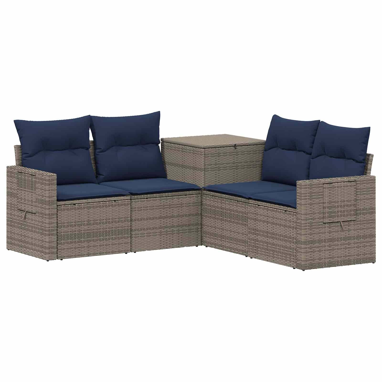 Zweiteiliges Outdoor-Rattansofa-Set mit marineblauen Kissen und passendem quadratischem Eckentisch auf weißem Hintergrund.