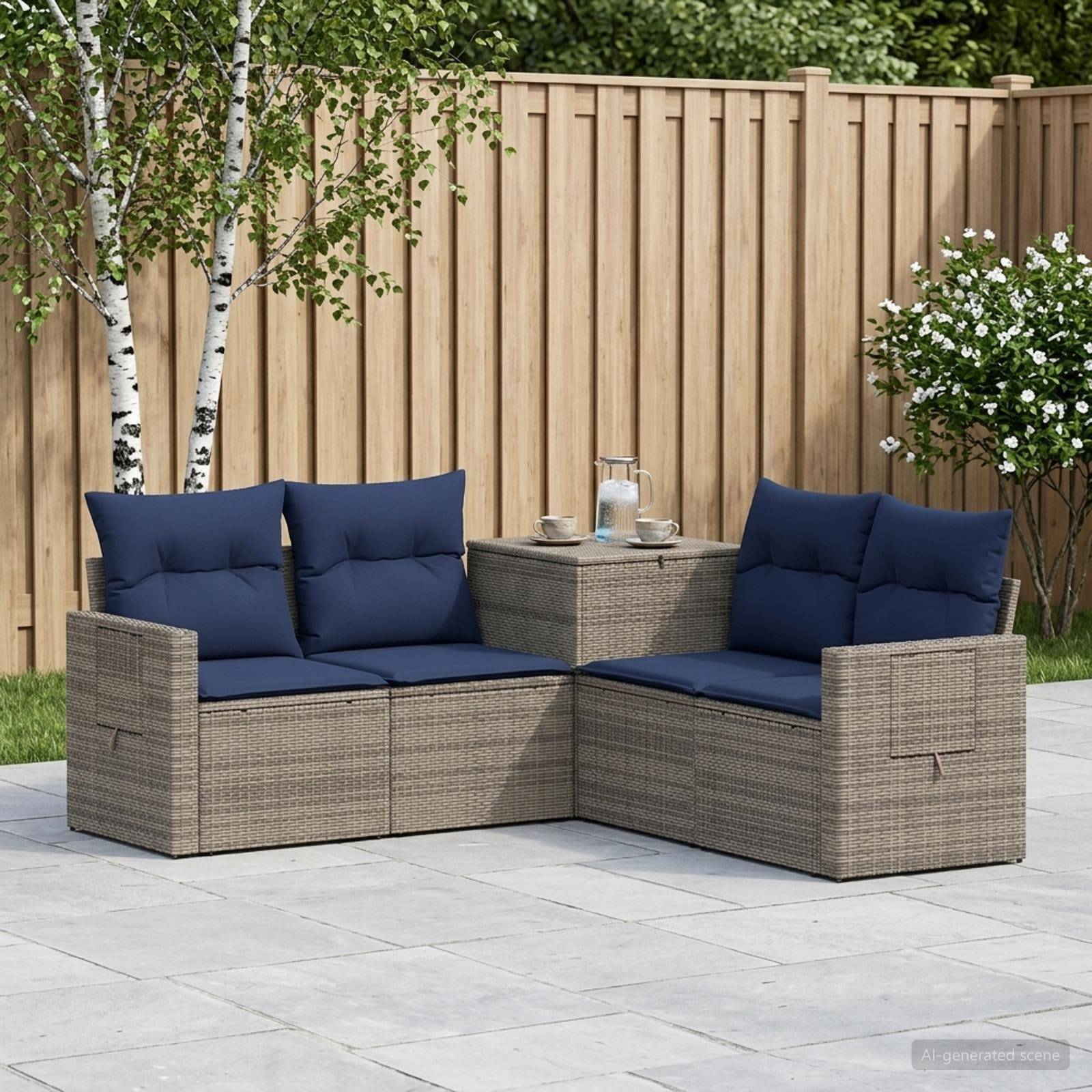 Outdoor-Polyrattan-Terrassensektional mit marineblauen Kissen, L-förmig um einen kleinen Tisch angeordnet, auf einer gepflasterten Terrasse neben einem Holzzaun und Bäumen.