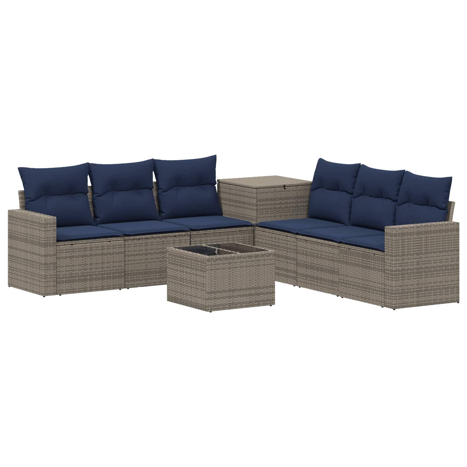 Outdoor-Rattanlounge-Set mit blauen Kissen, passendem quadratischen Couchtisch und Beistelltisch