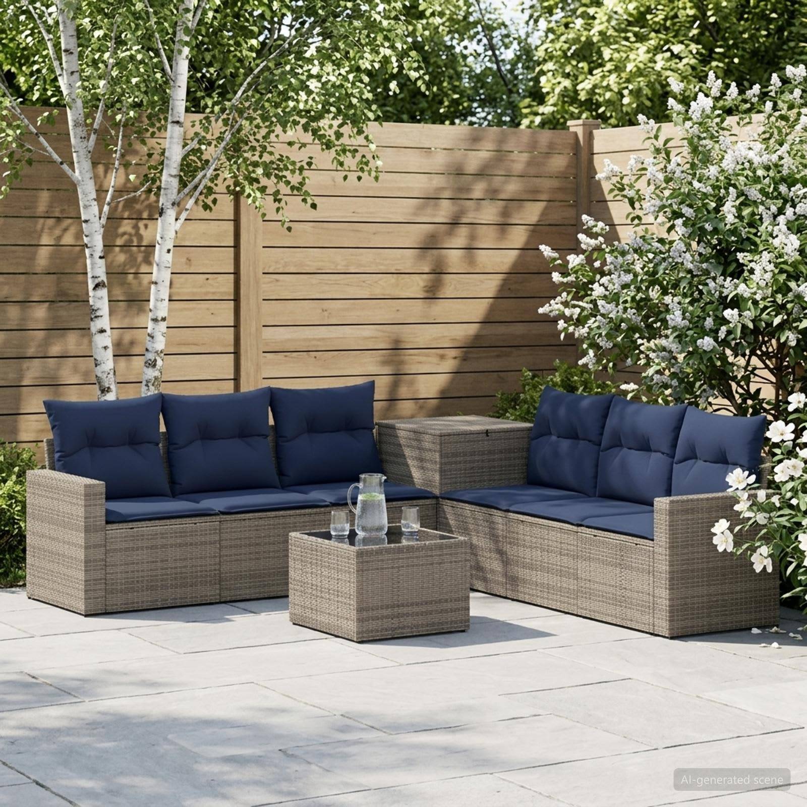 Außenbereich einer Terrasse mit zwei marineblau gepolsterten Korbsofas, einem passenden Tisch, Birkenbäumen, einem Holzzaun und blühenden Sträuchern.