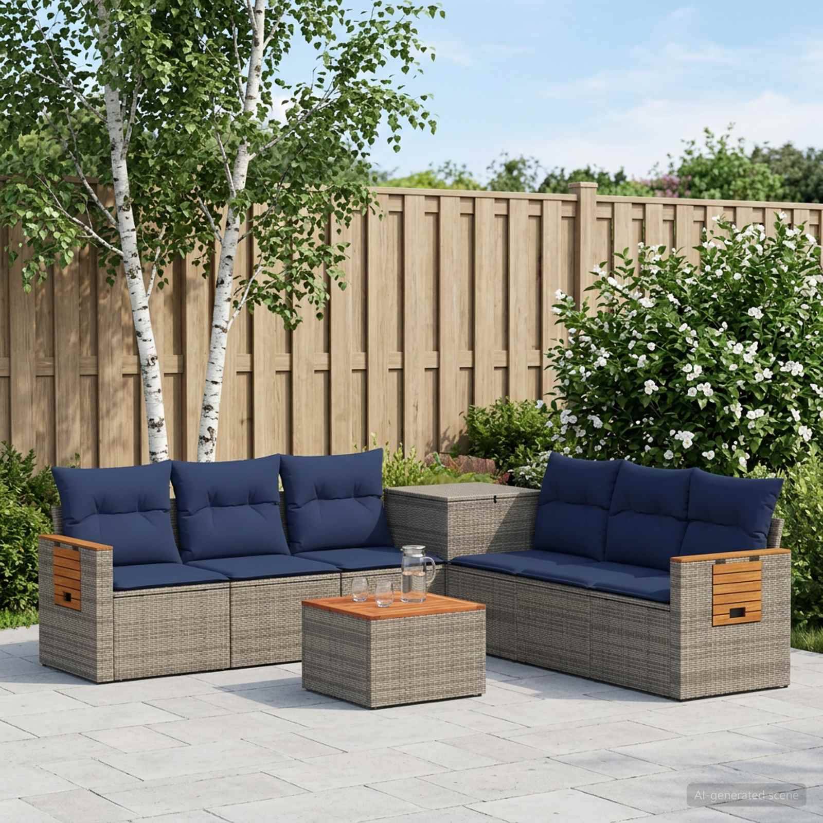 Outdoor-Sitzbereich mit zwei marine-gepolsterten Korbsofas und einem passenden Couchtisch auf einer Steinterrasse vor einem Holzzaun und Garten.